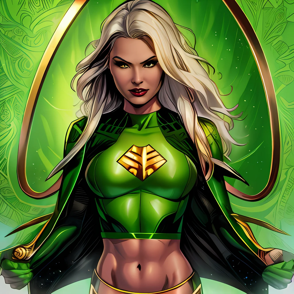 um close up de uma mulher em um traje verde com uma capa preta, sem texto, Um guerreiro esmeralda loiro, black canary, Commission for High Res, Superhero portrait, desenhado no estilo de artgerm, deviantart artstation cgscosiety, Fanart, lanterna verde, color digital illustration, commission art, com um manto verde, fan art, OC Commission