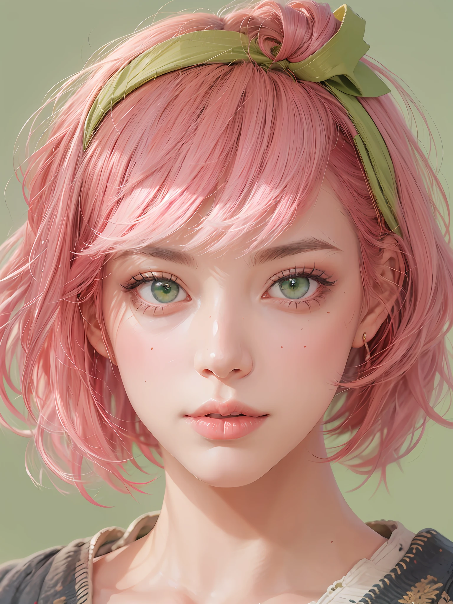 1woman, sedutive, masterpiece, white skin, pretty face, short hair, pink hair, green eyes, front view, oasis, red hairband