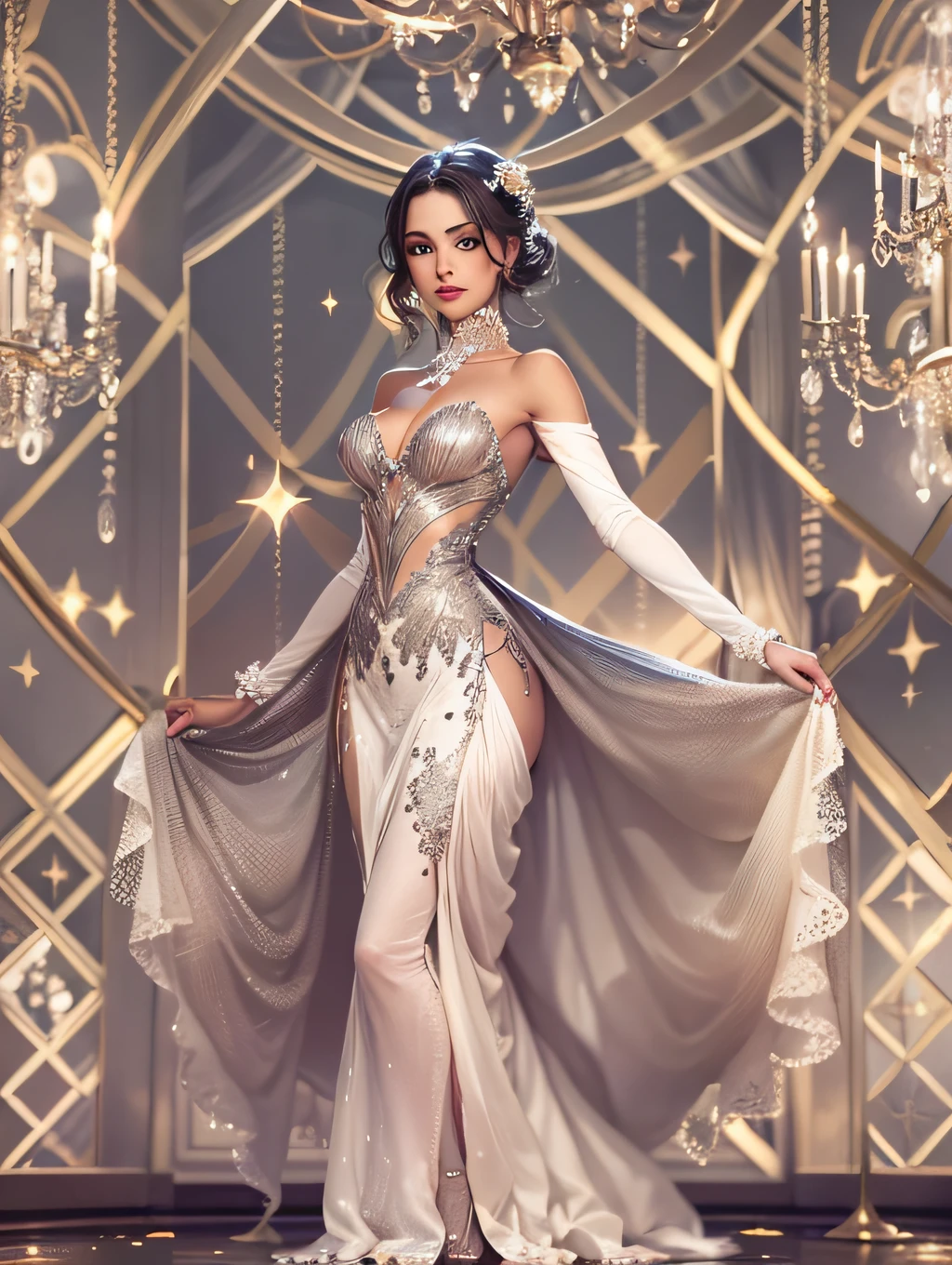 In a large ballroom, uma mulher cativante vestida com diamantes elegantes brilha como uma joia preciosa. Her dress glows with diamond patterns and her seductive presence invites players to participate in games of high stakes and elegance, promising an unforgettable evening of excitement and fascination.