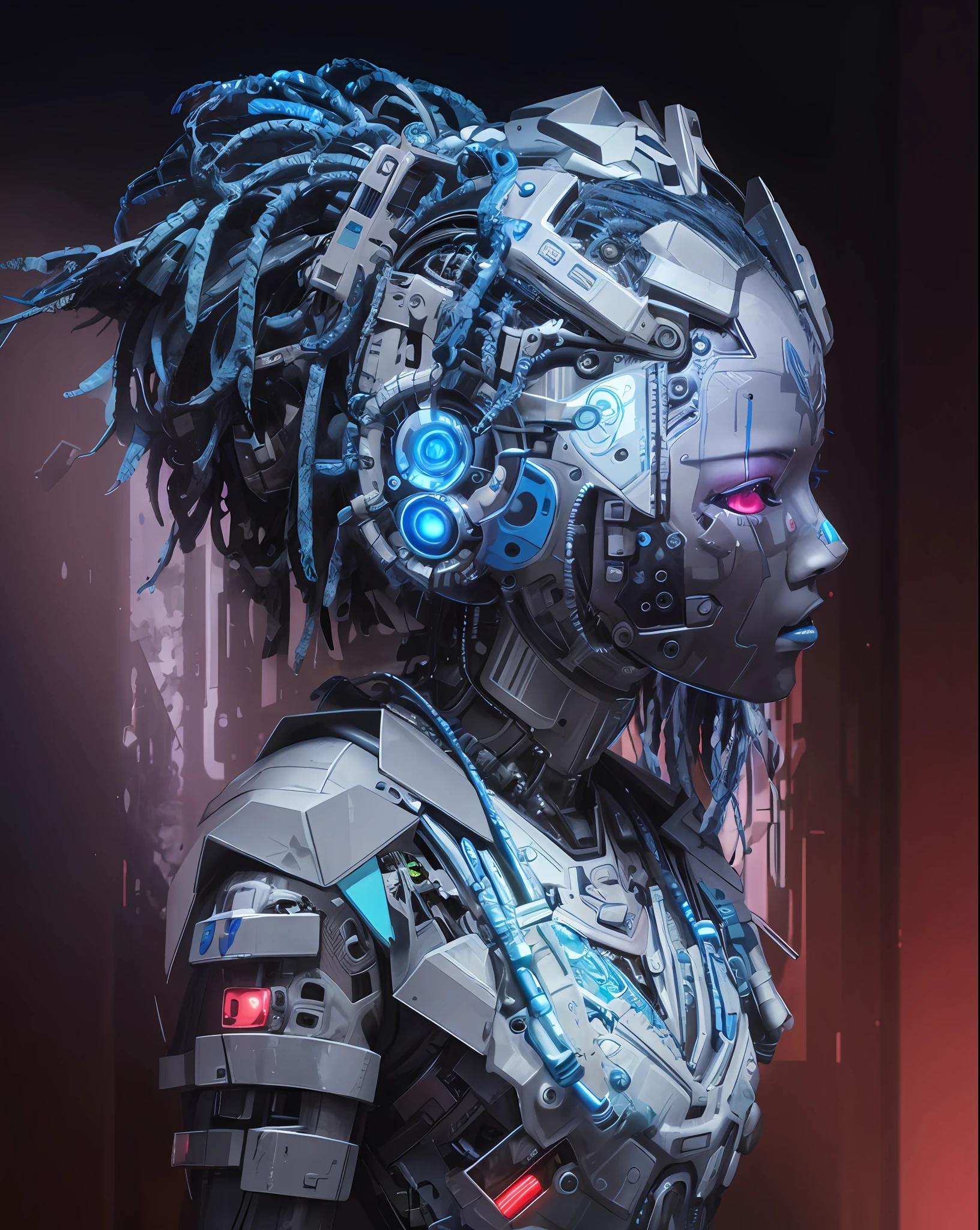 Un primer plano de un robot con rastas y un fondo azul, Portrait of a cyberpunk machine, Arte ciberpunk digital avanzado, Retrato de una reina cyborg, Cyberpunk Medusa, Cyber dreadlocks, Estatua cyberpunk, Estilo cyberpunk hiperrealista, Mecanoide cyberpunk de moda, Estilo de arte cyberpunk, Retrato detallado de un cyborg, Arte cyberpunk, cyberpunk themed art