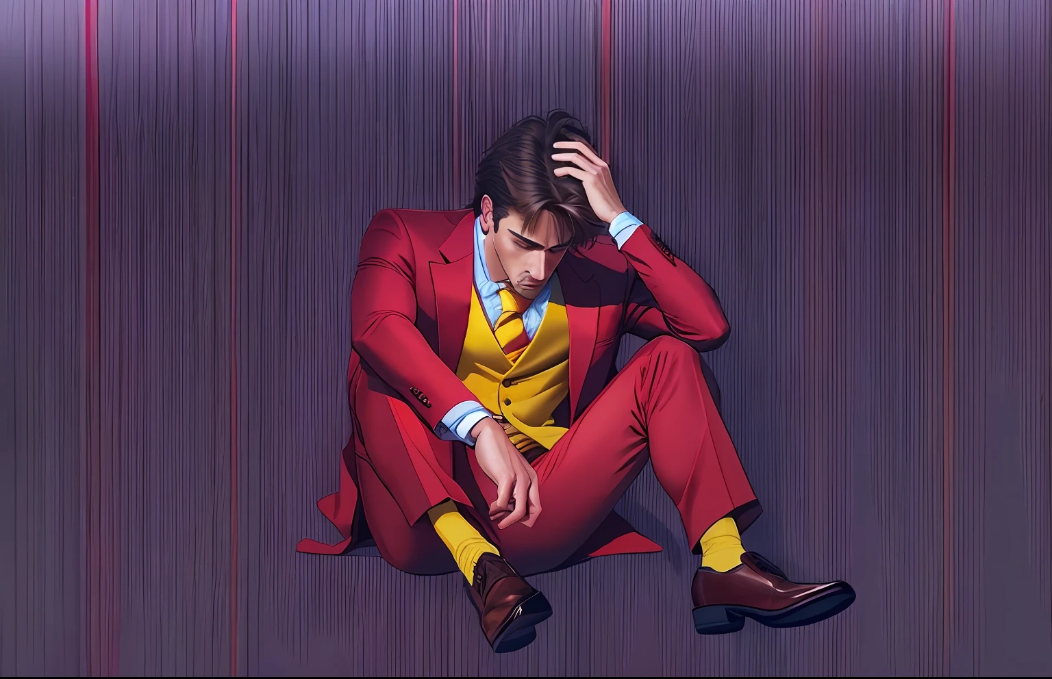 "Man with a realistic drawing style wearing a vibrant red suit and a yellow tie, with a sad expression and looking downwards, sporting a mullet hair."