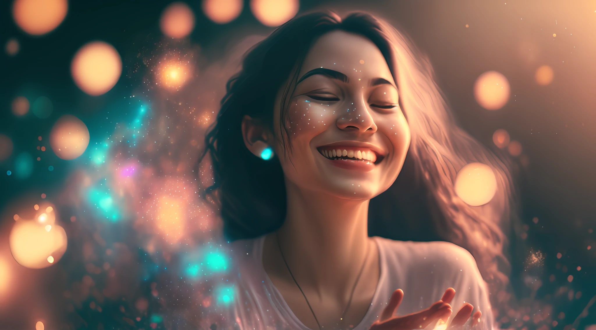 a woman in lotus pose floating above the ground, smiling slightly, blissful, bokeh