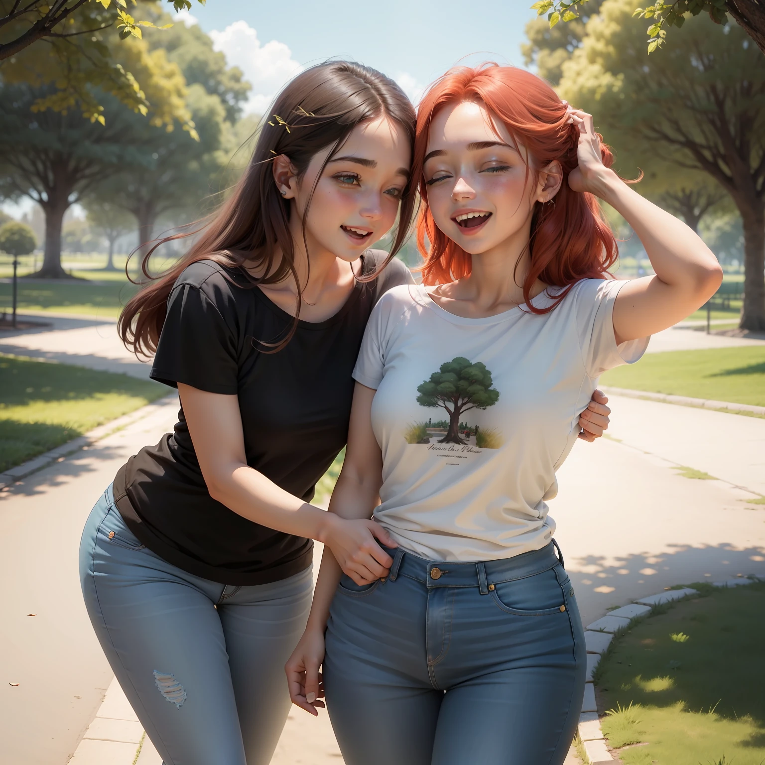 A imagem retrata duas amigas ruivas, cada uma com longos cabelos vermelhos, encontrando-se em um parque ensolarado. They're standing, Embraced, com sorrisos radiantes em seus rostos. Suas roupas refletem seu estilo individual, com uma vestindo um vestido florido e a outra usando jeans e uma camiseta solta. Their eyes sparkle with joy as they are reunited after so long, and it is evident that the friendship between them is strong and true.
Ao fundo da imagem, It is possible to see green trees full of leaves, that provide soft shadows on the ground. The sky is blue and cloudless, representando um dia perfeito para esse reencontro. The two friends are surrounded by a quiet and welcoming environment, com bancos de madeira e flores coloridas ao redor.
Nesse momento, They share stories, heartfelt laughter and hugs, reliving memories and updating each other about their lives. The image conveys the joy and excitement of this special reunion, showing the unique and lasting connection between these two red-haired friends.