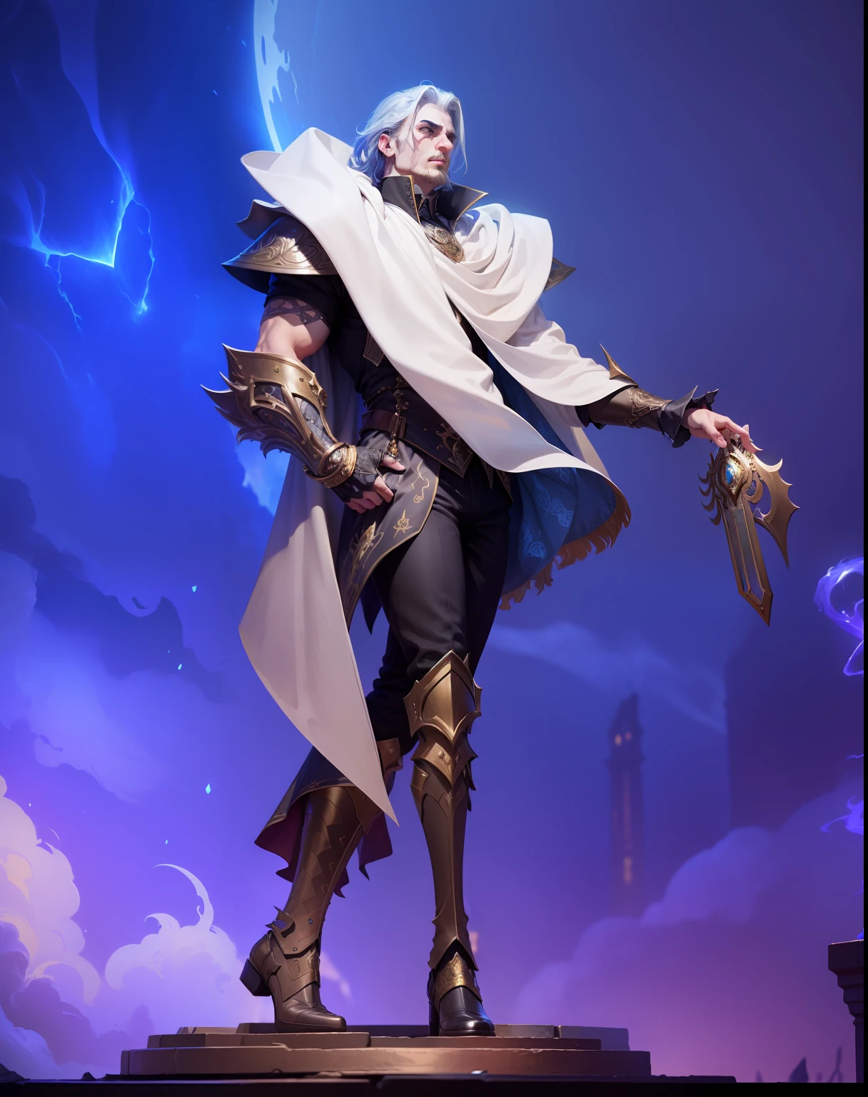 Lord Aetherion, the ancient adversary reawakened, presents an imposing figure. Towering over most with his statuesque height, he carries an air of intimidating authority. He is well-built, with an air of unnatural vitality, an unexpected robustness for someone of his apparent age. His skin is as pale as moonlight, contrasting sharply with his long, slicked-back hair, which is as dark as the night sky. His eyes, a striking icy blue, hold a chilling, calculating gleam.
His steampunk-infused attire adds to his formidable appearance. Aetherion often dresses in a tailored black trench coat, adorned with brass fittings and buckles, and reinforced with segmented plates of aether-infused steel, offering protection while asserting his power. Beneath, he wears a richly embroidered burgundy waistcoat, a crisp white shirt with a high collar, and a cravat fastened with an ornate brooch made from Verdant Nexus.
His trousers are finely tailored, with a subtle damask pattern visible upon closer inspection. His polished black boots, which rise to his knees, have subtle, yet intricate, engravings of ancient Luminar symbols – a nod to his ancient origins.
Lord Aetherion never goes without his mechanically enhanced gauntlet – a marvel of aetherpunk engineering. Built from darkened steel and brass, it covers his entire right hand and forearm, ending in cruelly sharp fingertips. This gauntlet is capable of channeling the energy of the Verdant Nexus into devastating magical attacks, making it a formidable weapon.
Topping off his ensemble is a tall, wide-brimmed hat, slightly tipped forward to cast his face in shadow, adding a layer of mystery and menace to his persona.
Lord Aetherion's appearance, with his ominous attire, and the intimidating air of ancient power that clings to him, makes him a compelling figure in the steampunk world