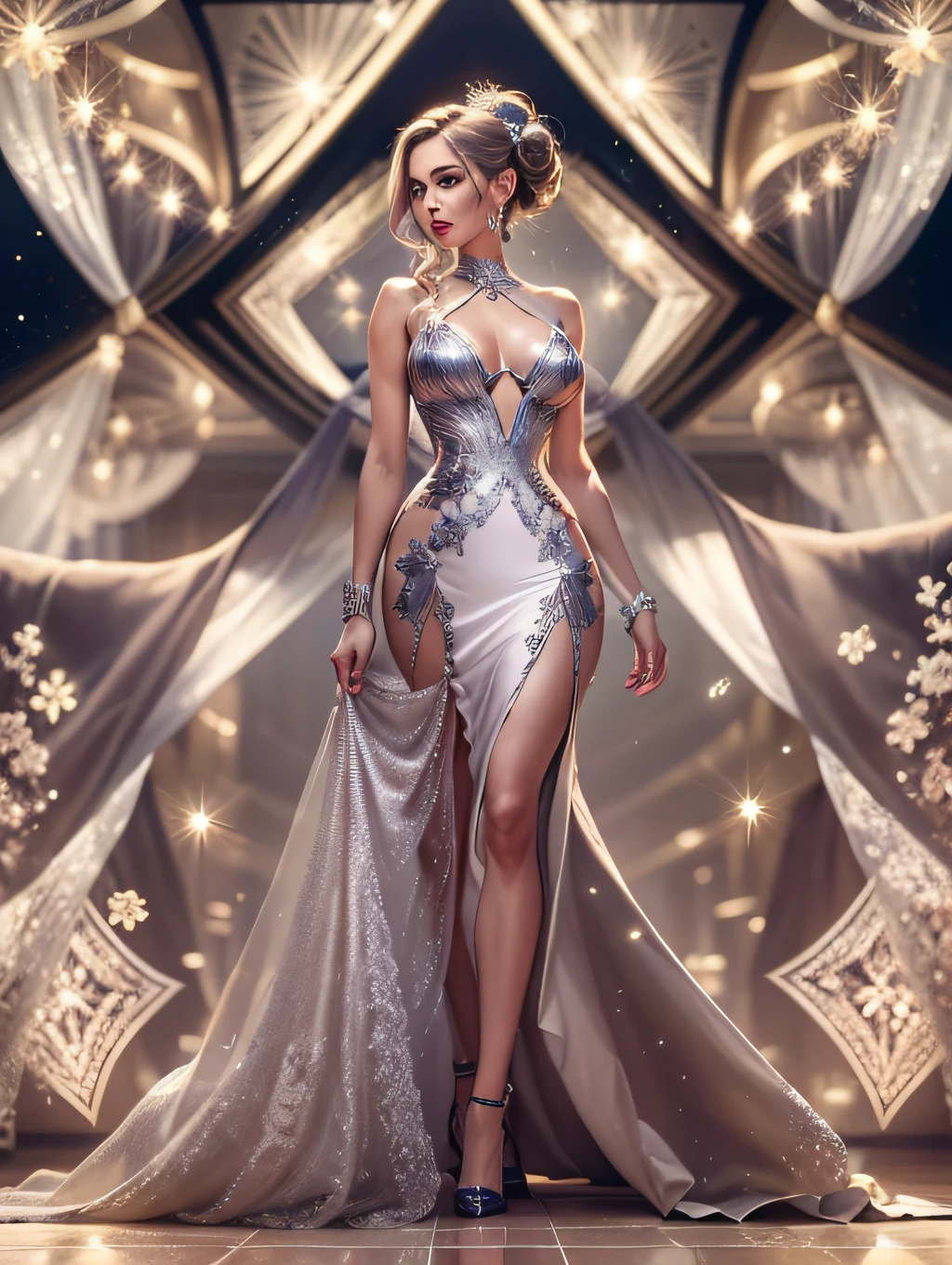 In a large ballroom, uma mulher cativante vestida com diamantes elegantes brilha como uma joia preciosa. Her dress glows with diamond patterns and her seductive presence invites players to participate in games of high stakes and elegance, promising an unforgettable evening of excitement and fascination.