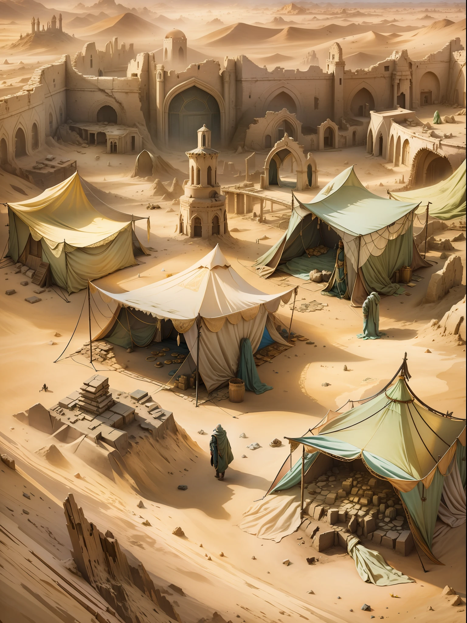 The ruins of the once majestic city of magicians. Around the desert and sand dunes, He covered the destroyed stones and filled the tower, leaving only a small part of it on the surface. Nearby you can see the black gaping entrance deep into the ruins. Near the entrance there is a small tent camp, Next to the tents are boxes and tables. Near one of the tents you can see a dried, bloody footprint, going deep into the tent