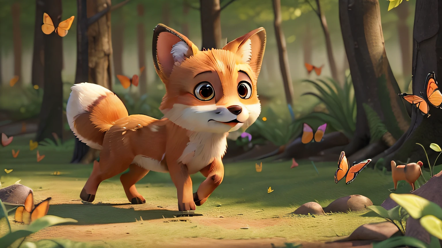 An image of a fox chasing butterflies in a sunlit forest ((melhor qualidade)), ((master part)), (circunstanciado: 1.4), ..3d."