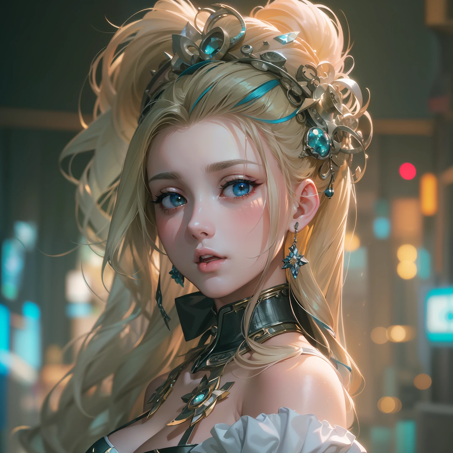 (((​masterpiece)))、(((top-quality)))、((ultra-definition))、(High Definition CG Illustration)、((extremely delicate and beautiful))、Cinematic Light、独奏、full body Esbian、cyberpunked、2040s、animesque、dreamy cyberpunk girl、rainbow hair、in renaissance style、Marie Antoinette style、trending on artstationh、Rachel Walker、