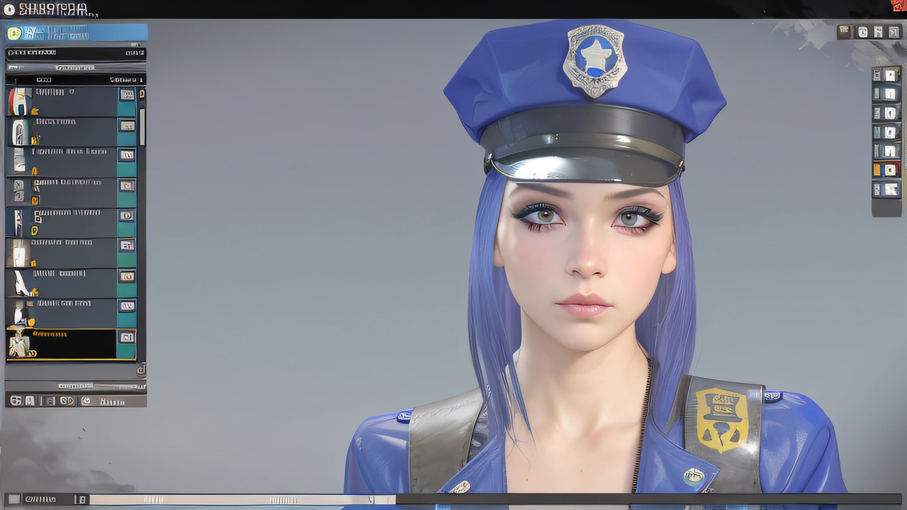 a close-up of a person wearing a uniform and a hat, pessoa com pelo roxo, roupa de banho: soprar, police, modelado em poser, oficial, Brave police J Decker Face, Closeup of the cop, wearing police uniform, police, Avatar do Second Life, xerife feminino, Personagem close up, Personagem de close up, No jogo, close up tiro de meio corpo, police cap, police uniform, Retrato de Jinx de Arcane, menina atraente, gatinha, gatinha jovem bonita, Motor irreal : : maquiagem, com o rosto muito detalhado,