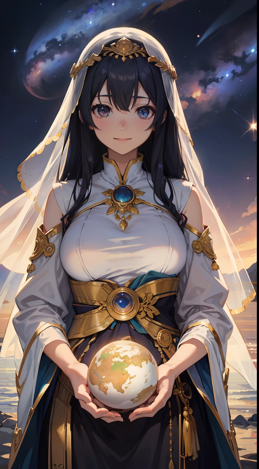 masutepiece、hight resolution、The Great Goddess、smil、Looking at the Earth in Your Hands、Prone eyes、Dear Galaxy、Adult woman of perfect proportions、Wearing multiple layers of transparent veils。The veil unites with the Milky Way