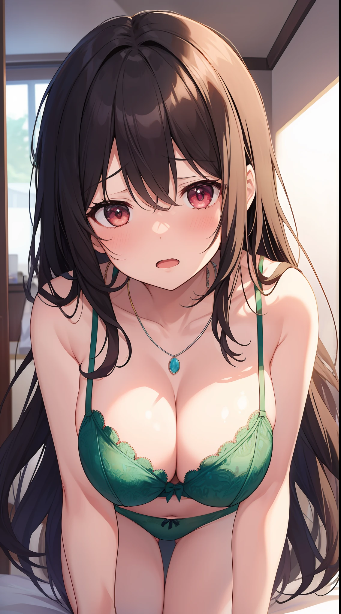 great masterpiece、Super delicate、1girl in、idol、in one's underwear only、Green lingerie、a necklace、large full breasts、all-fours、to close range、proximity、Kamimei、Looking up at me、red blush、Embarrassing、Troubled face、Slightly open mouth、