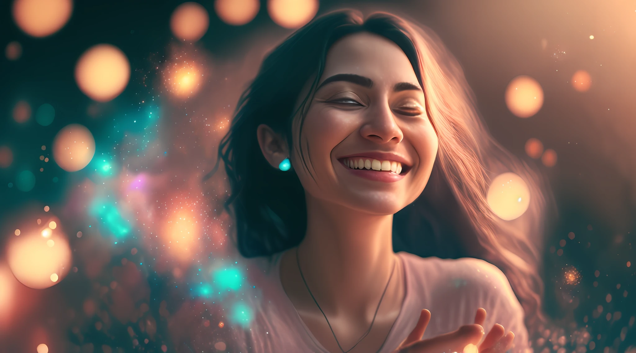a woman in lotus pose floating above the ground, smiling slightly, blissful, bokeh