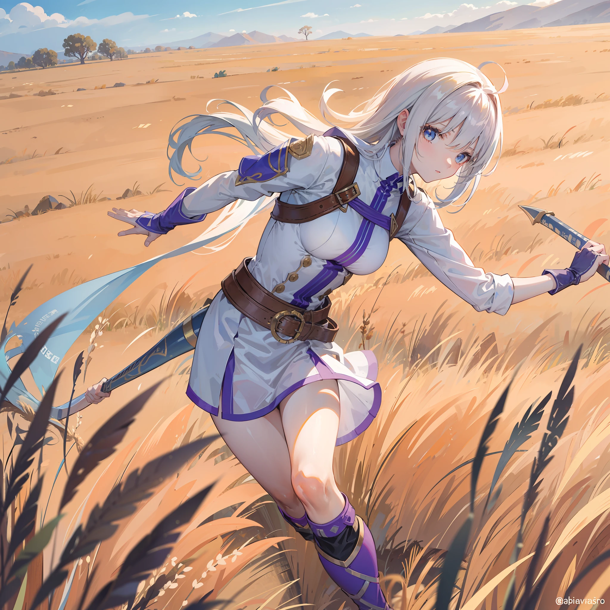 Una guerrera corriendo con los brazos extendidos y una espada en cada mano. Run quickly through a field of grain.. Tiene el pelo largo y suelto, Lleva armadura de cuero grueso y madera.