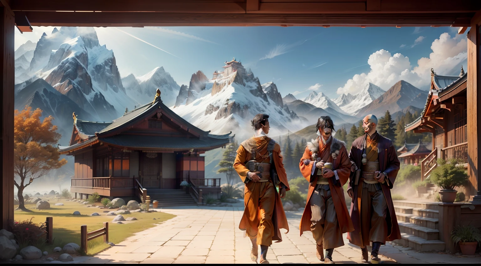 drawing, ultra realistic, 8k, extremely detailed, high quality, natural light image, sunlight earth, ultra realistic image, Realistic texture, extremely detailed, high quality, 3 Men, Tibetan monk, (perfect skin, detailed, hyperrealistic, pores high quality) (Men wearing orange, brown, Tibetan monk style robes), smiling, happy expression, cheerful look, walking on dirt road, surrounding mountains, Buddhist temple, chlorinated rays of radiant sun, Rich colors hyper realistic texture, daytime, light natural, front image