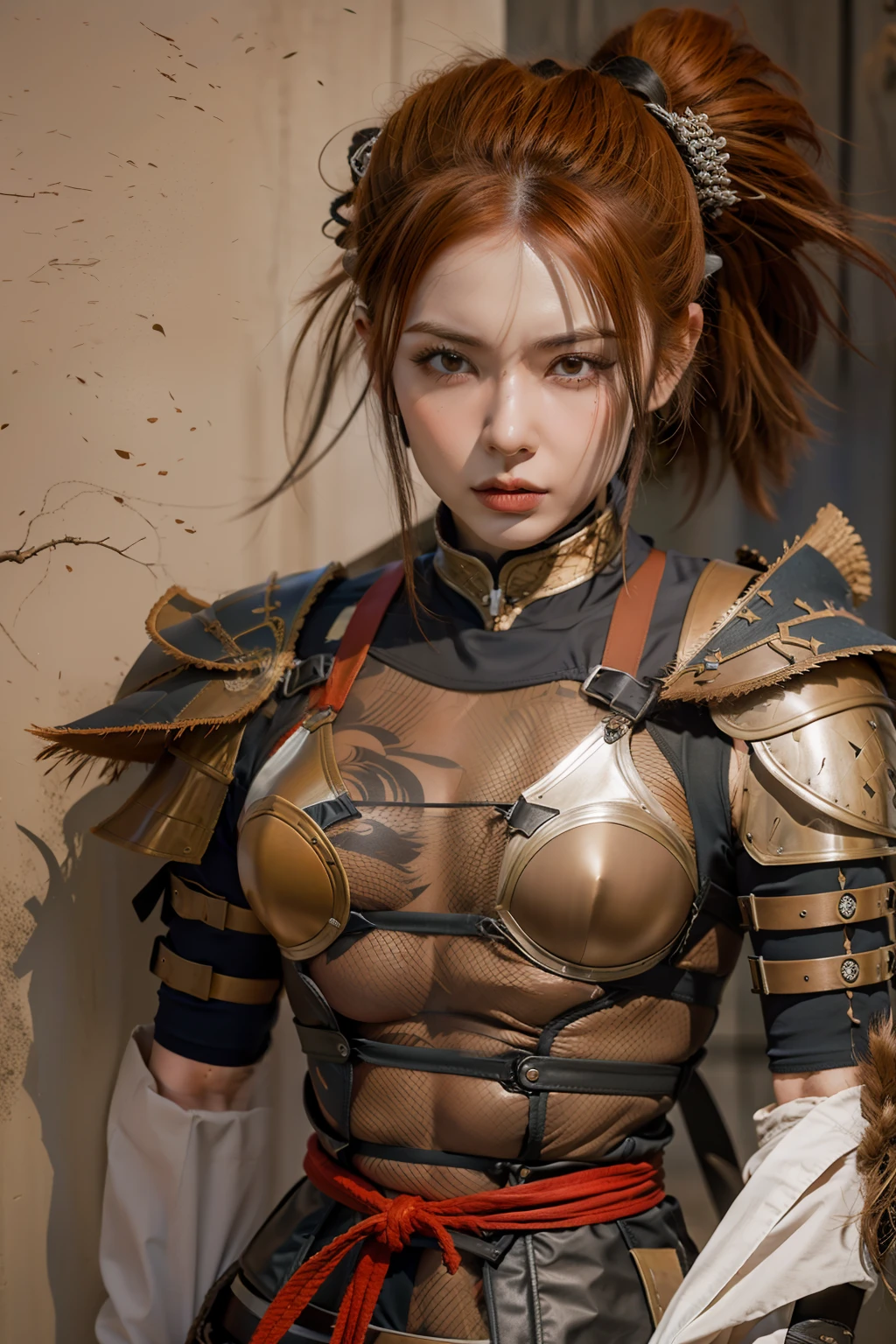mulher ruiva realista com armadura samurai