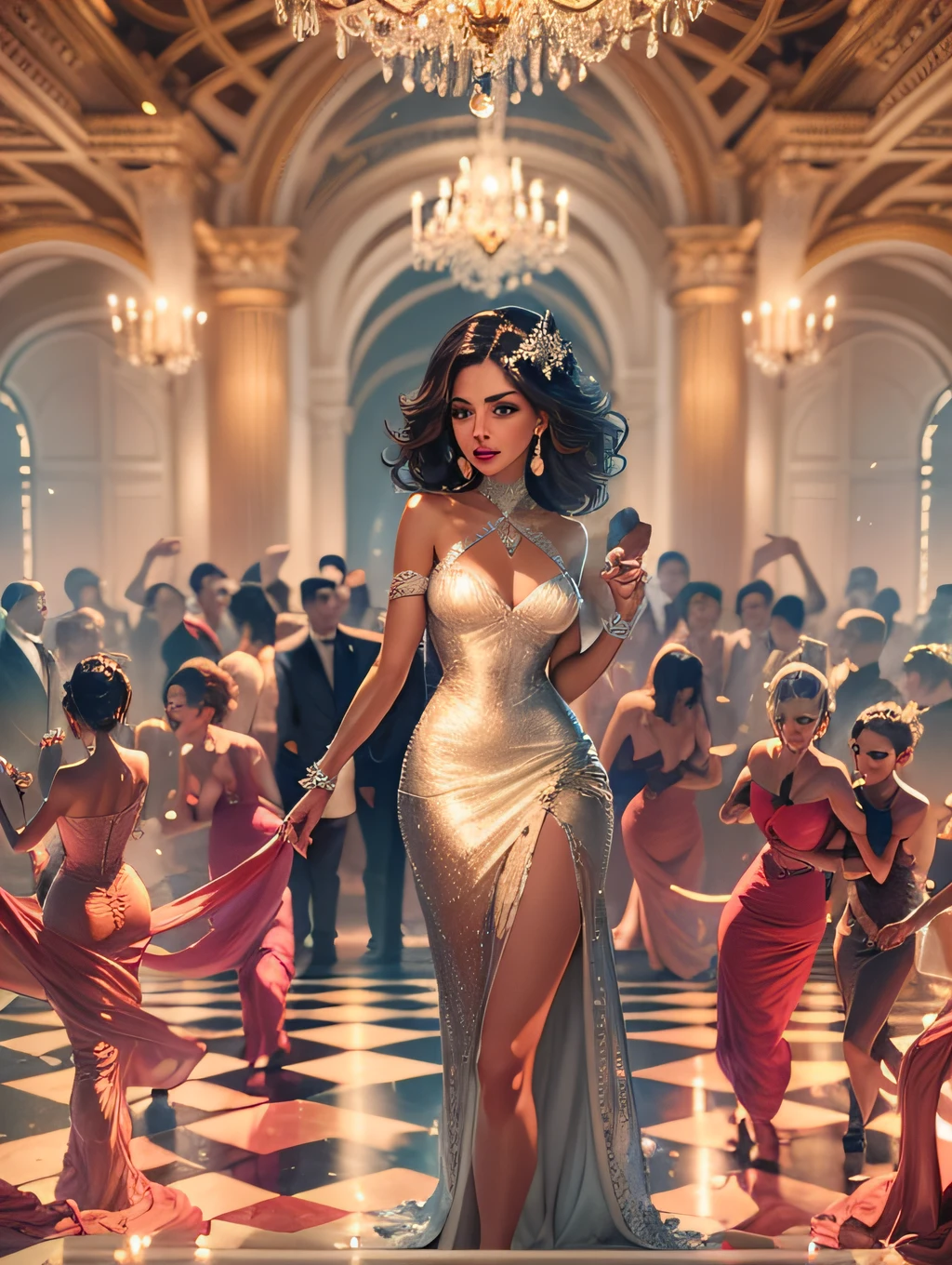 In a large ballroom, uma mulher cativante vestida com diamantes elegantes brilha como uma joia preciosa. Her dress glows with diamond patterns and her seductive presence invites players to participate in games of high stakes and elegance, promising an unforgettable evening of excitement and fascination.