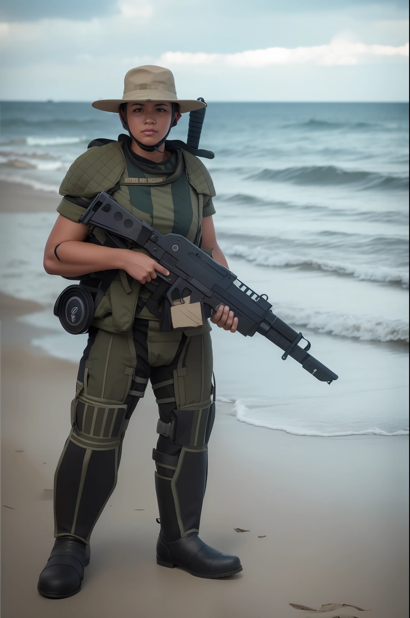 A battalion of soldiers on a war beach, The soldiers are by the sea, (They are on a battlefield:1.2)  have military forts on fire and destroyed, The ground is full of bomb craters, em uma roupa azul, in a hat holding a gun, as real as possible, alto detalhes, Intrigado, Ultra realista,8k