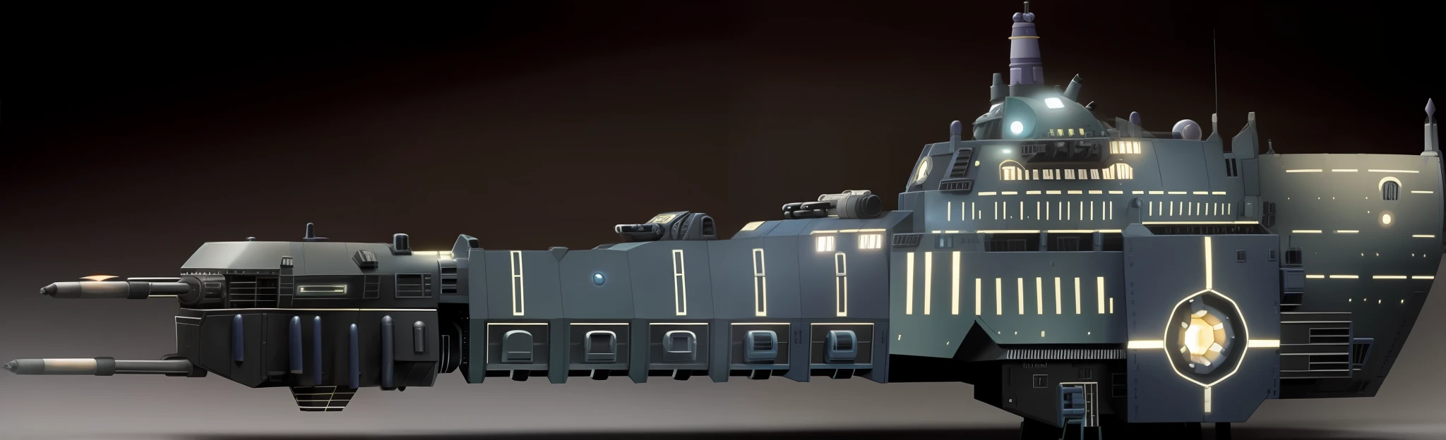 Um close up de uma nave espacial de batalha robusta bruta, Her are huge, equipped with cannons; , ela tem uma torre em cima, altos detalhes, Ultra realista, 8k intrigado