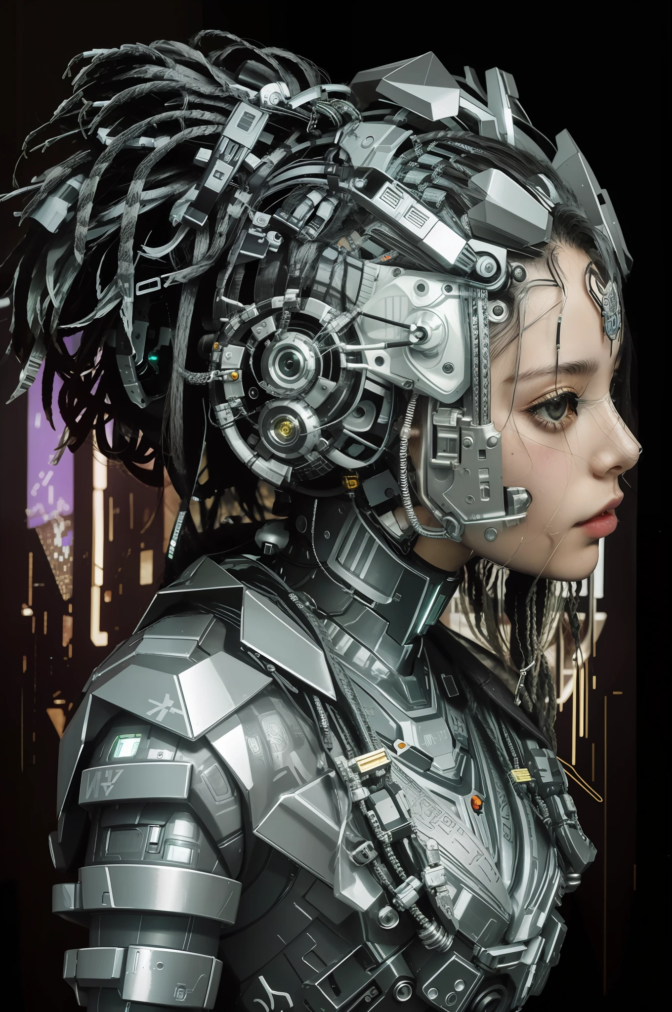 Un primer plano de un robot con rastas en la cabeza, Portrait of a cyberpunk machine, Retrato de una reina cyborg, Retrato de un cyborg cyberpunk, Retrato detallado de un cyborg, Arte ciberpunk digital avanzado, Retrato de un cyborg, Chica cyborg, El retrato de la chica cyberpunk, Estilo cyberpunk hiperrealista, Cyber dreadlocks, Estilo de arte cyberpunk