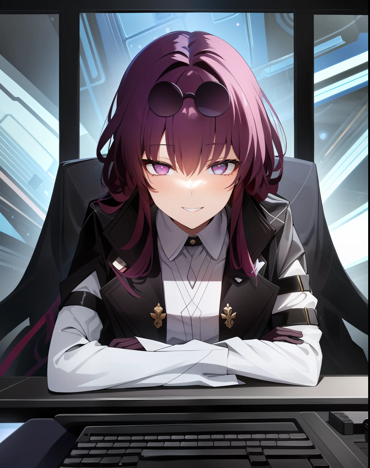 masterpiece, a man wearing a mask , best quality, 1girl, kafka, black jacket, white shirt, eyewear on head, solo, computer, laptop, ((typing)), sitting, sitting at desk, chin rest, smug, smile, half-lidded eyes, space station, (futuristic:1.5)