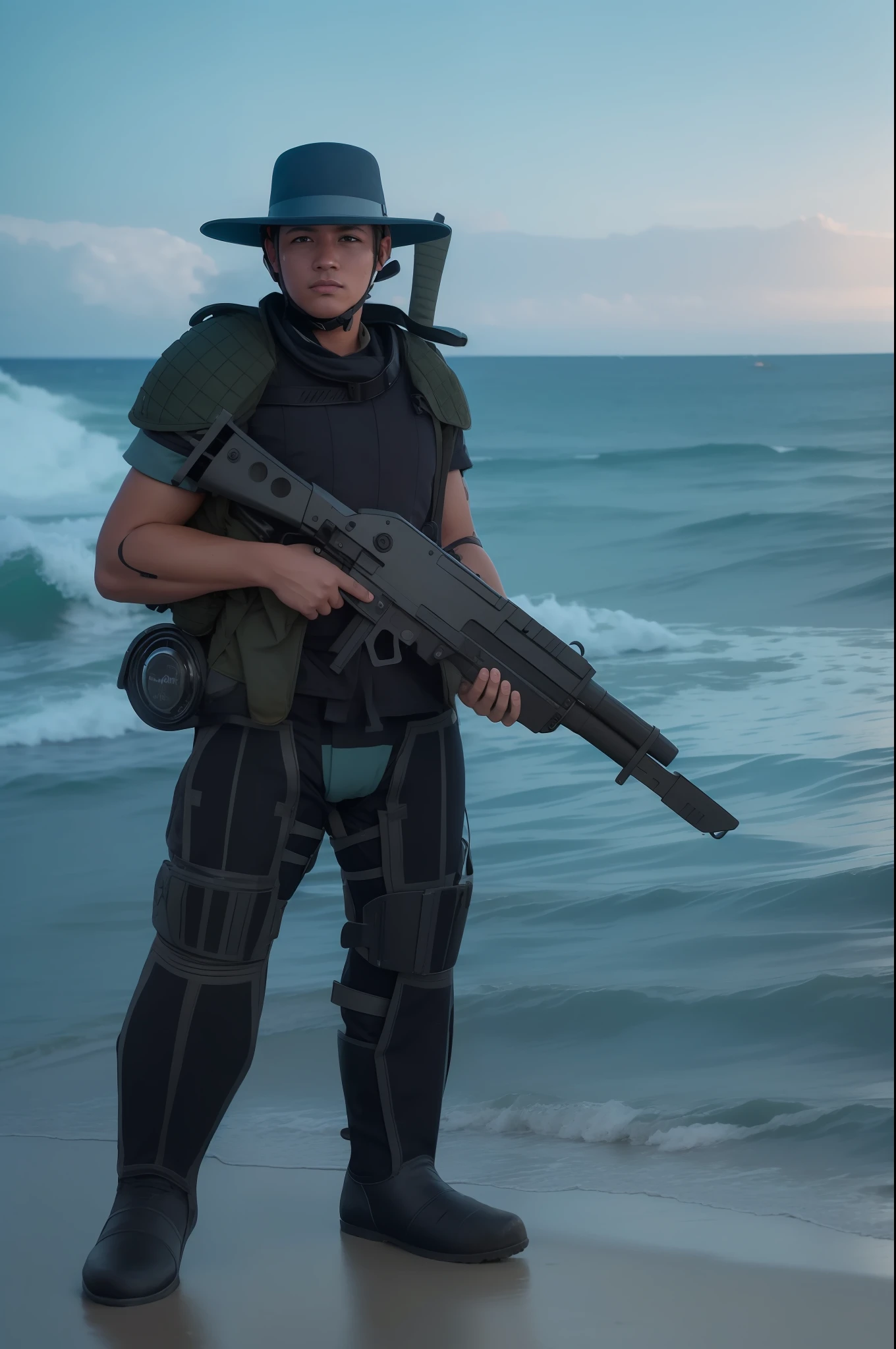 A battalion of soldiers on a war beach, the soldiers are on the edge of the sea, have military forts on fire and destroyed, the ground is full of bomb craters, em uma roupa azul, in a hat holding a gun, as real as possible, alto detalhes, Intrigado, Ultra realista,8k