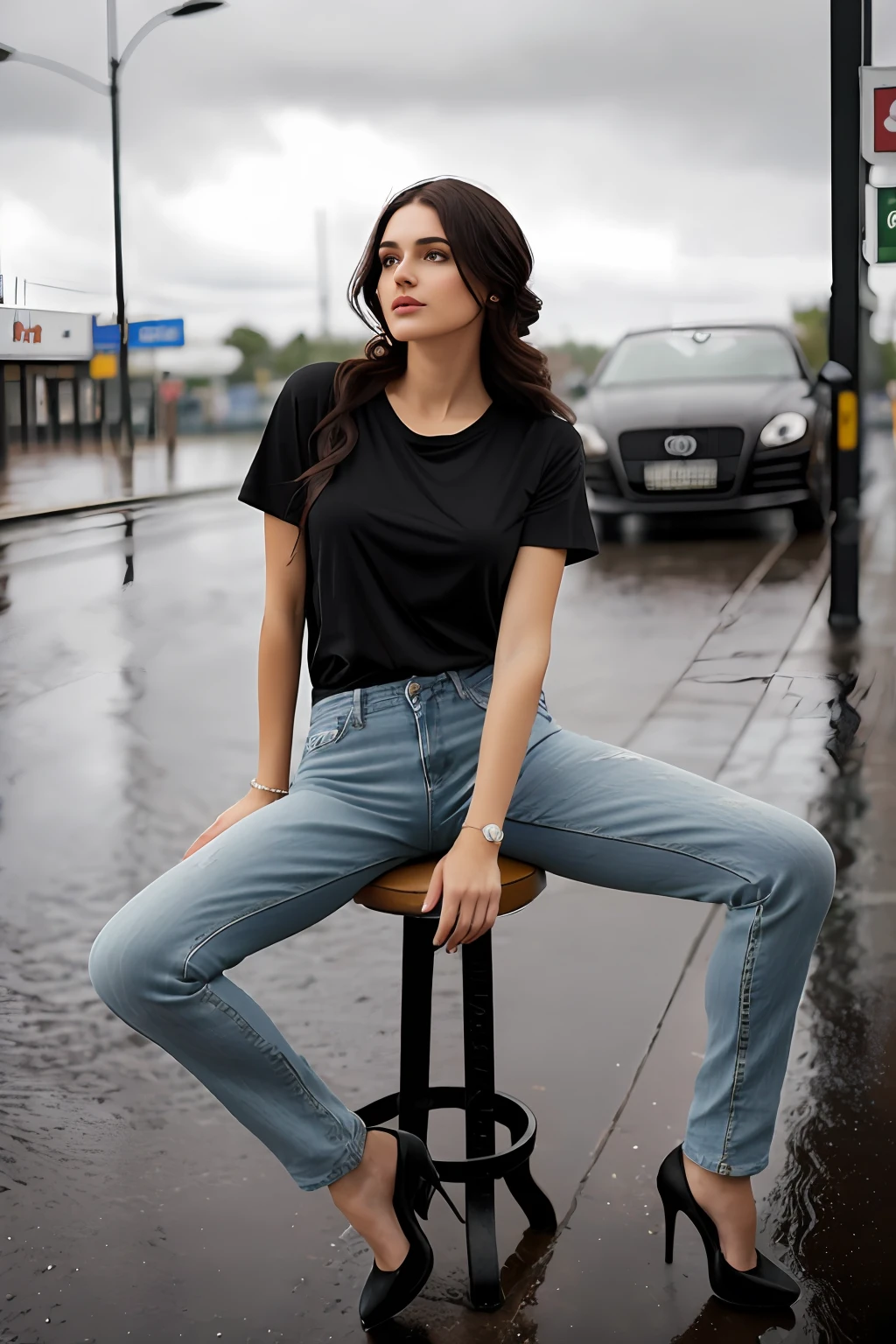 ((Best Quality, 8k, Masterpiece:1.3)), Focus: 1.2, Perfect Body Beauty: 1.4, Arabian 27 years old woman: 1.2, ((Black short curly Hair)), (Wite plain round neck regular fit basic tee-shirt:1.1), no print on Teeshirt, no underneath bra,  shape visible, Round neck basic full body length regular fitting tee-shirt, Dark grey skinny jeans, low rise, long jeans: 1.1, short sleeves blue regular tee-shirt, full length tee-shirt, Highly detailed face and skin texture, Detailed eyes, Double eyelids, toned body, Whitened skin, serious mood, large toned breasts, toned firm legs, high heel's, whitened skin, detailed black eyes, black wavy hairstyle, detailed face, middle eastern woman, baggy medium size basic tee-shirt, simple plain Baggy Tee-shirt, toned firm hips, 8K UHD, black anklet, model looks, apocalypse city, rainy weather, dark clouds, silver wrist watch, bracelet, bangle's, open legs style Posing, old gas station, sitting on a old wooden chair, high heels, detailed beautiful feets, detailed feets fingers and shape, old petrol pump, rainy atmosphere, wet roads, model shoot style, she's sitting front of white Audi, old wooden chair, blue cloudy sky, sitting on old stool, chair, bench,