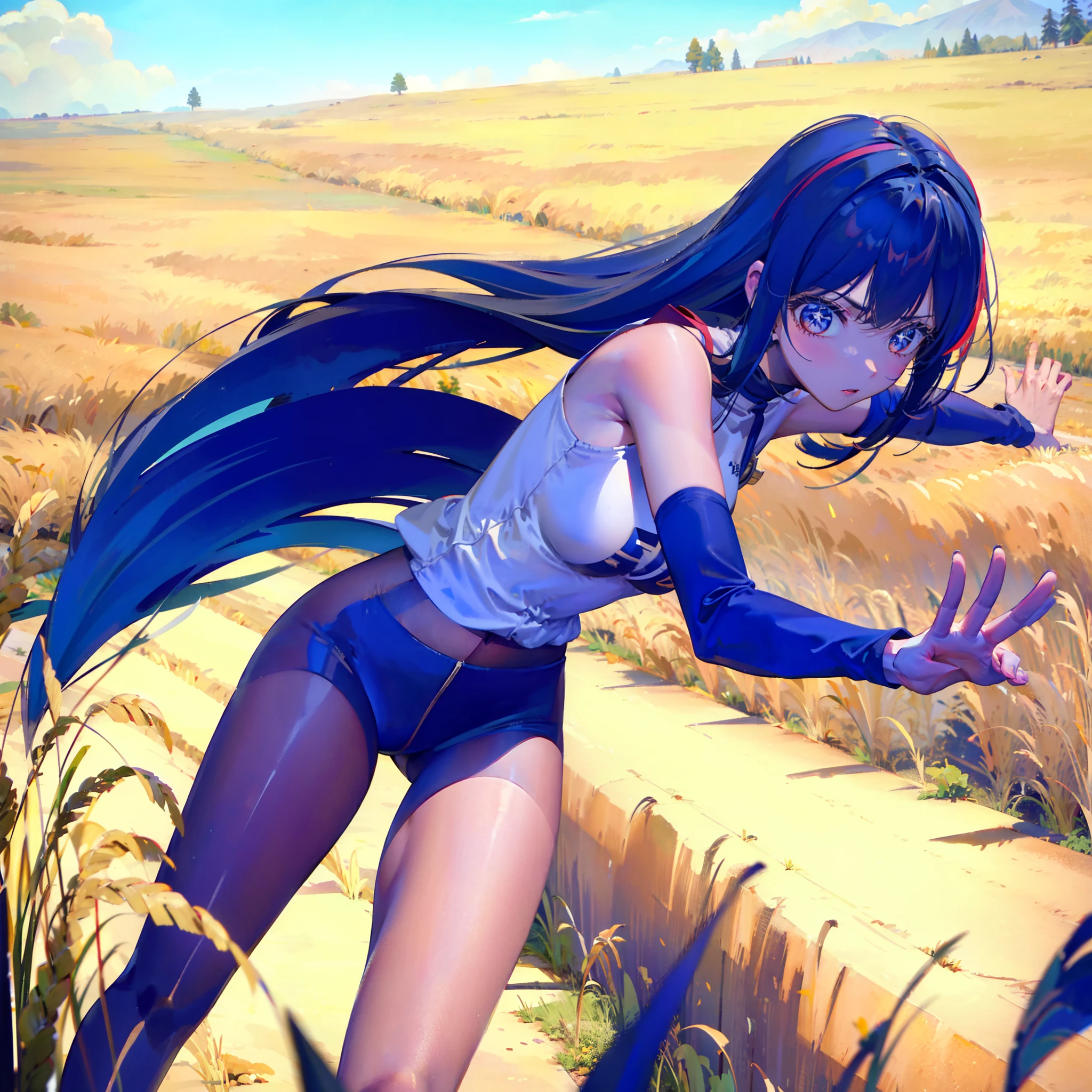 Una guerrera corriendo con los brazos extendidos y una espada en cada mano. Run quickly through a field of grain.. Tiene el pelo largo y suelto, Lleva armadura de cuero grueso y madera.