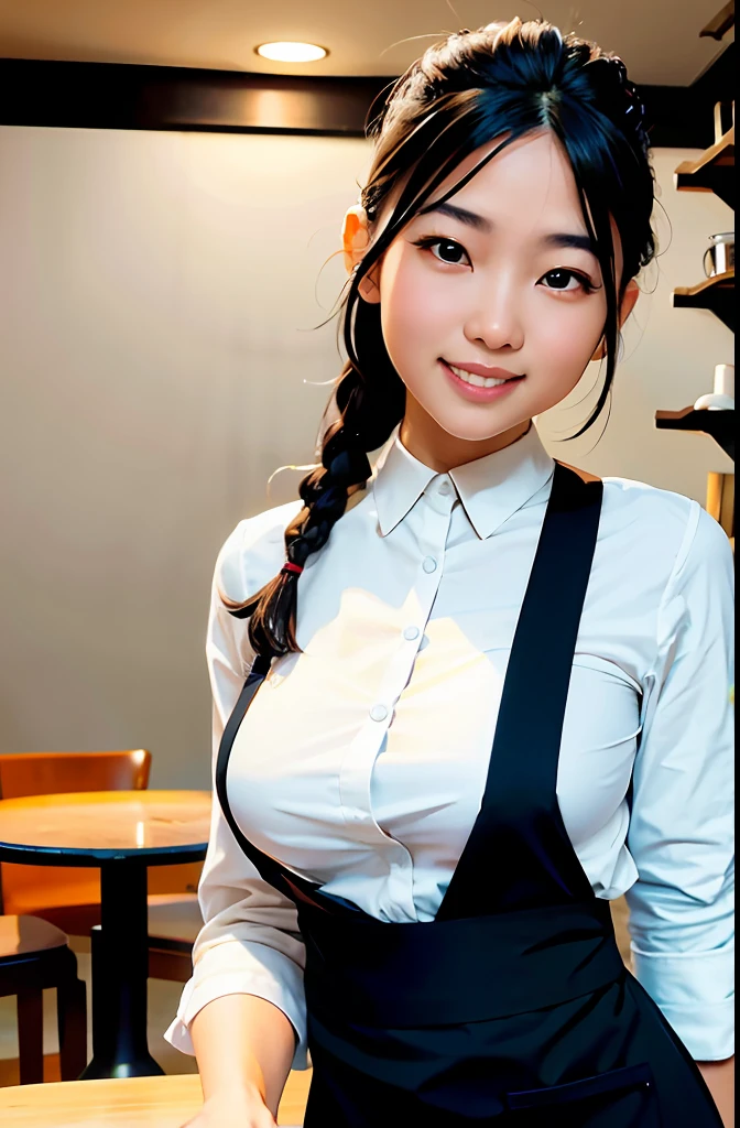 looking at viewer,cinematic light, ultra high res, 8k uhd, film grain, cute and beautiful waitress,black asian, at cafe,white apron,brown shirts,tan skin,braid, black hair,standing,ultra-detailed eyes, gradient eye,smiles,open mouth,shiny brown eyes, water color background, {{{waitress suit}}},cafe table, guests,foods,cakes,coffee,coffee cups,sfw:1.8,