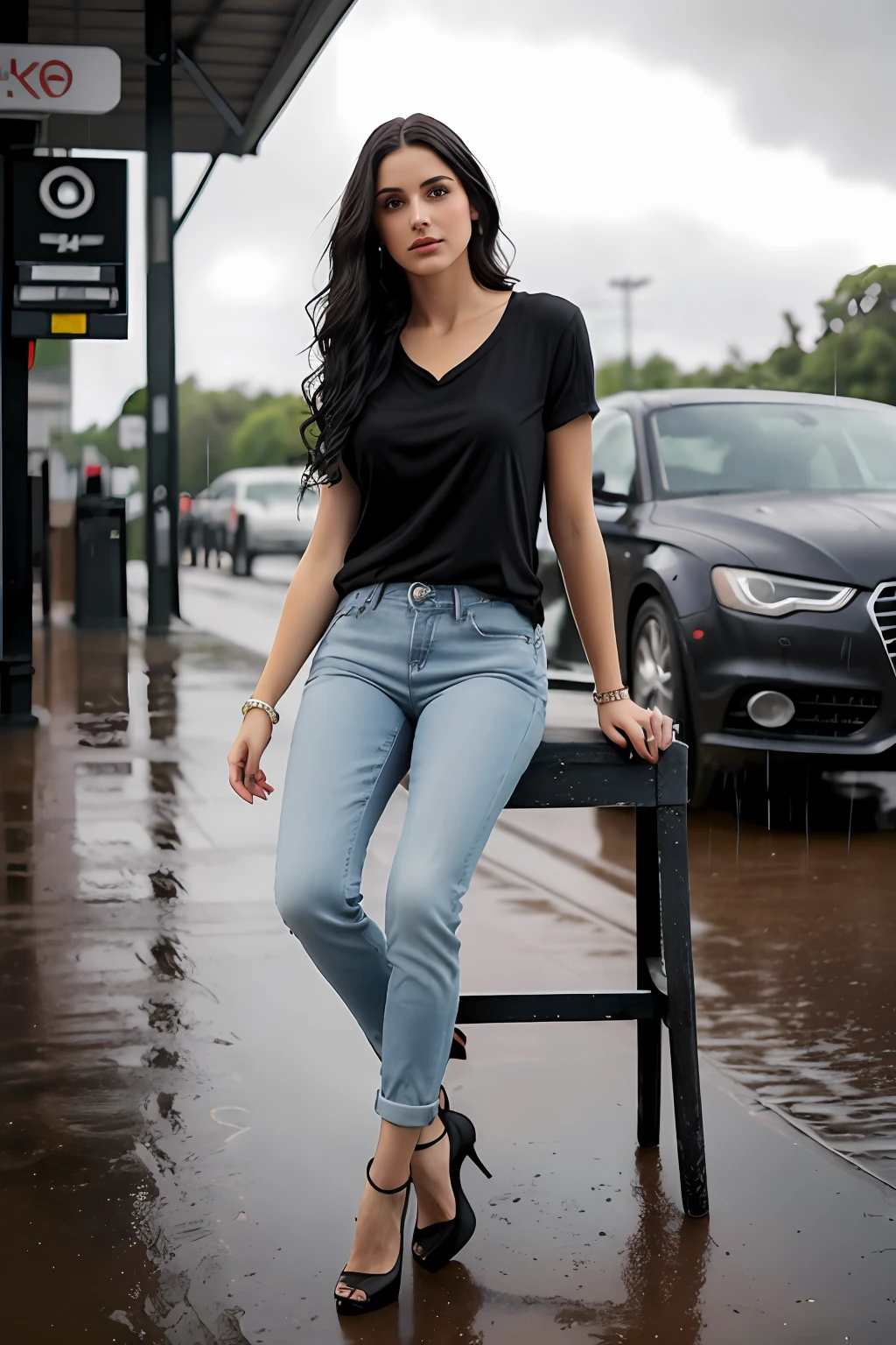 ((Best Quality, 8k, Masterpiece:1.3)), Focus: 1.2, Perfect Body Beauty: 1.4, Arabian 27 years old woman: 1.2, ((Black short curly Hair)), (Wite plain round neck regular fit basic tee-shirt:1.1), no print on Teeshirt, no underneath bra,  shape visible, Round neck basic full body length regular fitting tee-shirt, Dark grey skinny jeans, low rise, long jeans: 1.1, short sleeves blue regular tee-shirt, full length tee-shirt, Highly detailed face and skin texture, Detailed eyes, Double eyelids, toned body, Whitened skin, serious mood, large toned breasts, toned firm legs, high heel's, whitened skin, detailed black eyes, black wavy hairstyle, detailed face, middle eastern woman, baggy medium size basic tee-shirt, simple plain Baggy Tee-shirt, toned firm hips, 8K UHD, black anklet, model looks, apocalypse city, rainy weather, dark clouds, silver wrist watch, bracelet, bangle's, open legs style Posing, old gas station, sitting on a old wooden chair, high heels, detailed beautiful feets, detailed feets fingers and shape, old petrol pump, rainy atmosphere, wet roads, model shoot style, she's sitting front of white Audi, old wooden chair, blue cloudy sky, sitting on old stool, chair, bench,