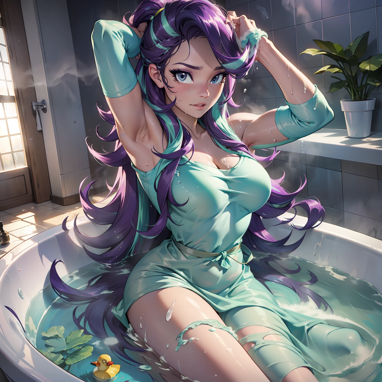 Starlight Glimmer, Starlight Glimmer from My Little Pony, Starlight Glimmer as a girl, long hair, Luxurious hair, Lush hair, lying in the bathroom, big breasts, Bulky breasts, Lush breasts, naked, legs apart, lots of soap foam, bathroom, rubber duck, washcloth, soap, wet hair, waist-deep in water, soap foam everywhere, steam, bathing