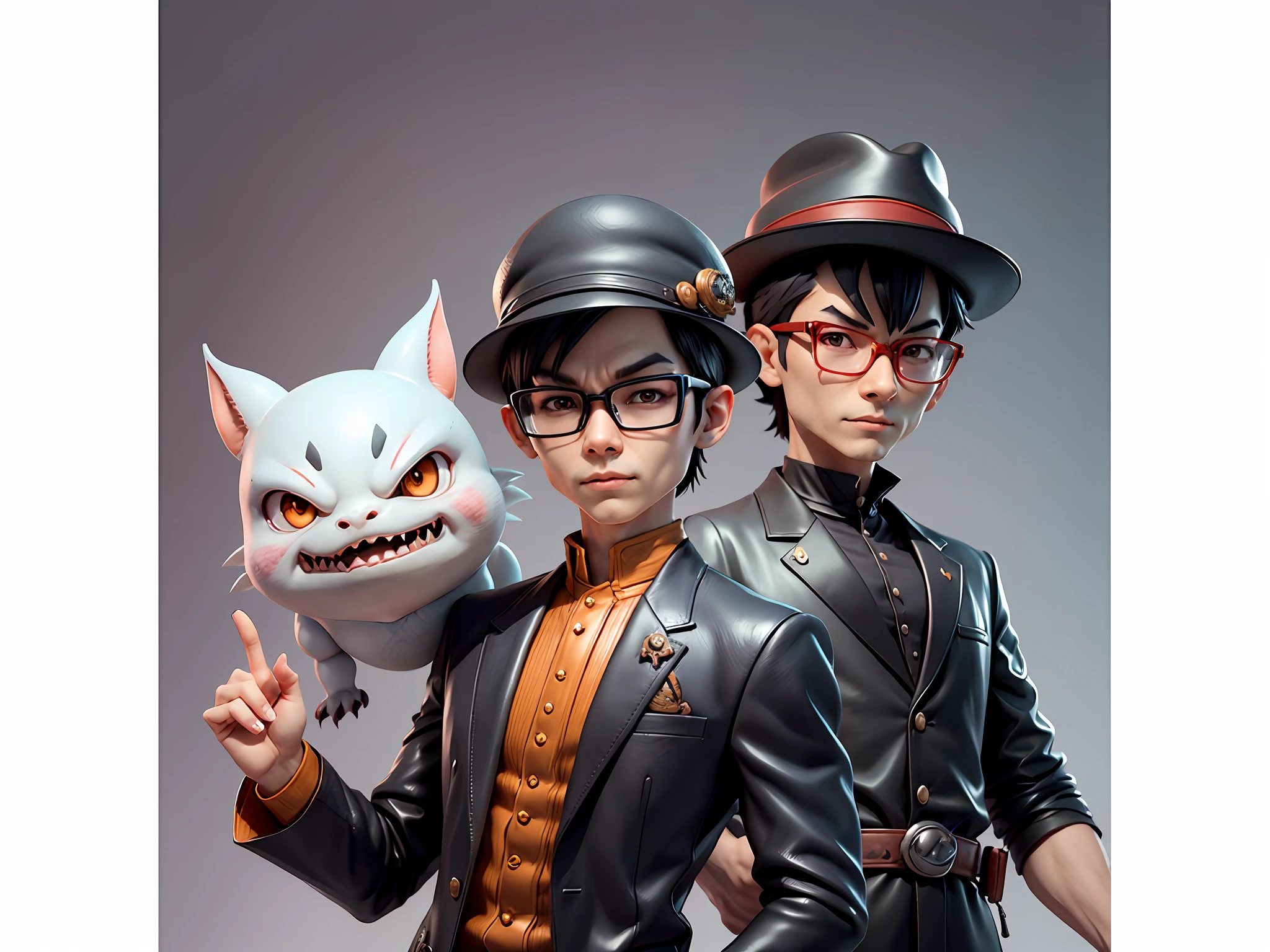 Young man with oriental face in leather hat, dragon, formal suit, short black hair, silver glasses, digital painting, 3D character design by Mark Clairedon and Pixar and Hayao Miyazaki and Akira Toriyama, the illustration is a high-definition illustration in 4K resolution with very detailed facial features and cartoon-style visuals.