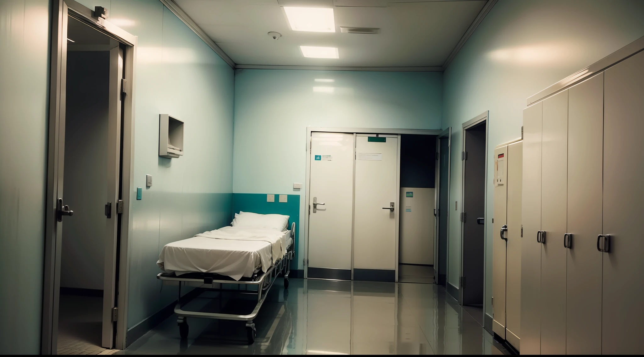 Hospital, subsolo, Morgue room.portas deslizantes, noite