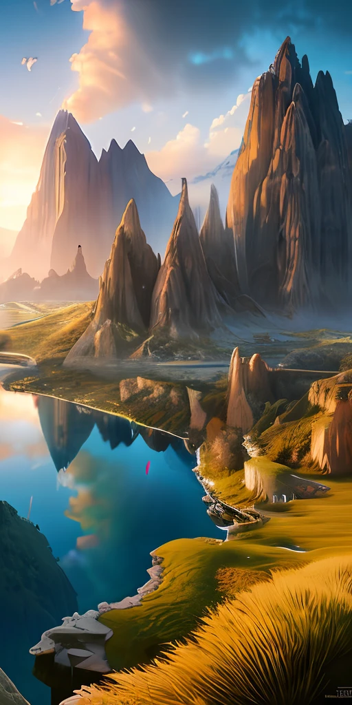 Masterpiece, best quality, high quality, extremely detailed CG unity 8k wallpaper, landscape, outdoor, sky, clouds, sky, no humans, mountain, landscape, water, tree, blue sky, waterfall, cliff, nature, lake, river , cloudy skies, award winning photography, bokeh, depth of field, HDR, bloom, chromatic aberration, photorealism, very detailed, trending on artstation, trending on CGsociety, intricate, high detail, dramatic, half way art