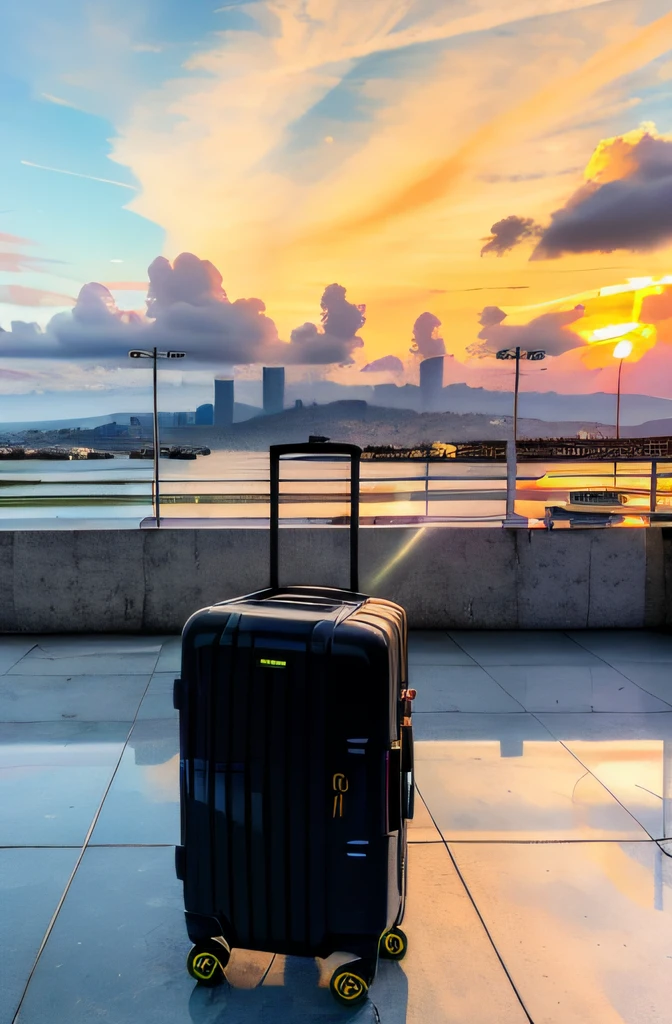 sunny day bright beautiful overcast sky sunset plane landing cyberpunk at Florianópolis airport suitcases being disembarked, with focus on a suitcase in black color, confetti, debris, dust, wind, fog, volumetric exciting, epic action camera, (obra-prima: 1.2) (fotorrealista: 1.2) (bokeh) (melhor qualidade) (pele detalhada ) (intricado) (8k) (HDR) (cinematic lighthing) (foco nítido)