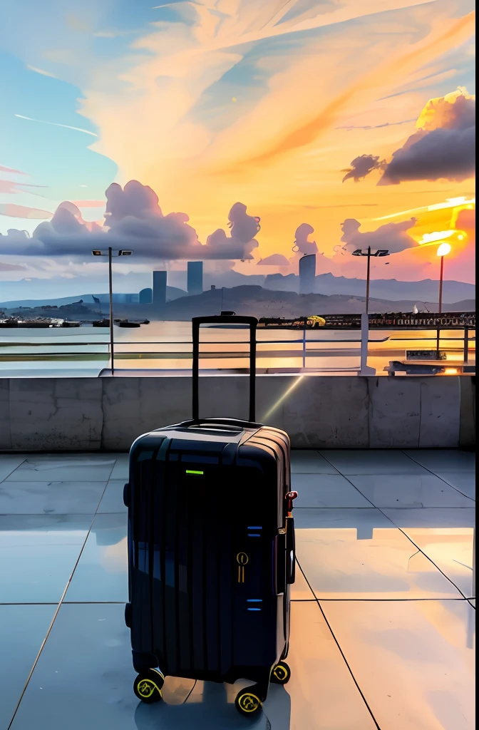 sunny day bright beautiful overcast sky sunset plane landing cyberpunk at Florianópolis airport suitcases being disembarked, with focus on a suitcase in black color, confetti, debris, dust, wind, fog, volumetric exciting, epic action camera, (obra-prima: 1.2) (fotorrealista: 1.2) (bokeh) (melhor qualidade) (pele detalhada ) (intricado) (8k) (HDR) (cinematic lighthing) (foco nítido)