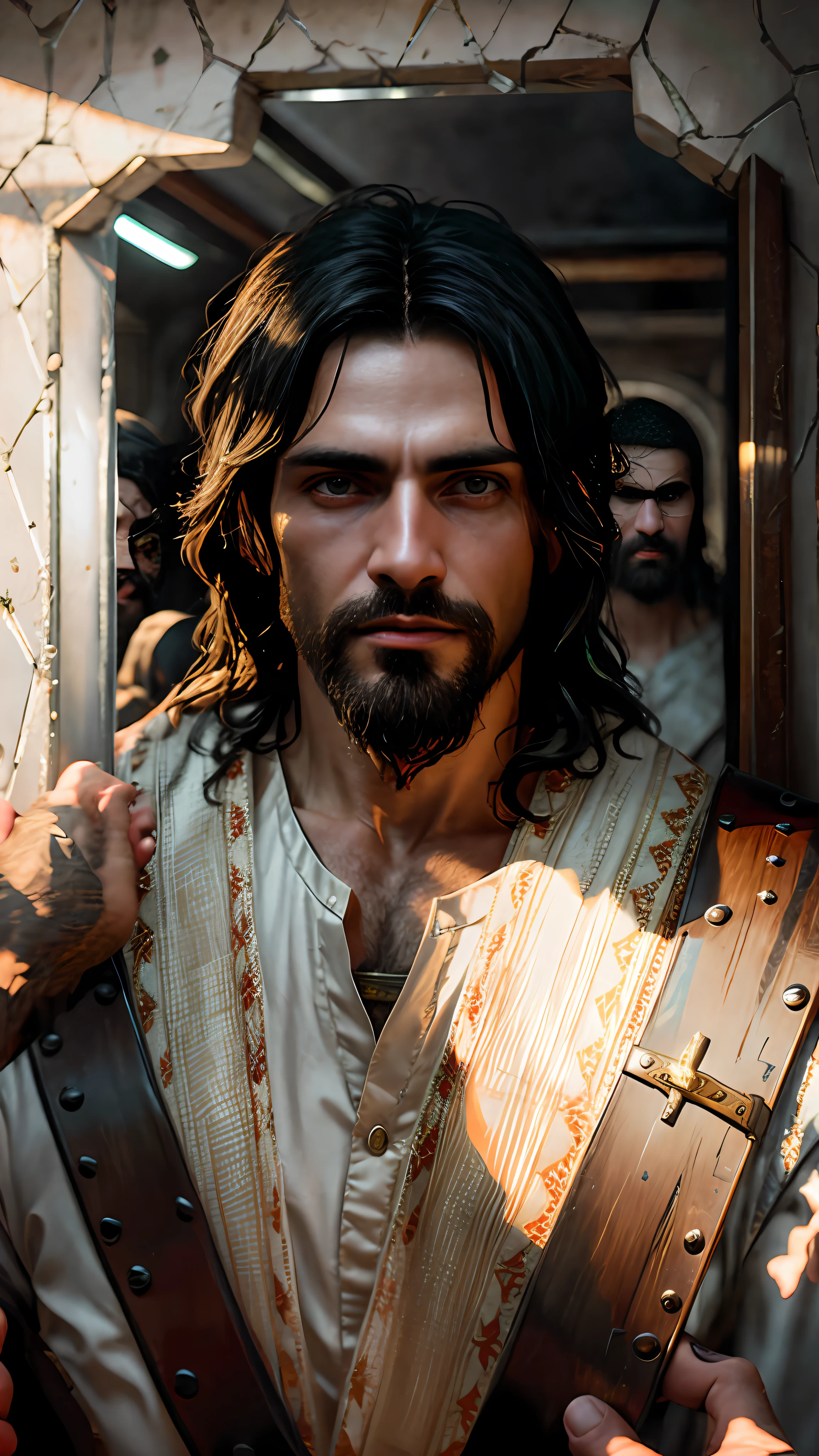 Jesus has a knife and a knife in his hand, Alexey Egorov, Cyberpunk Jesus Cristo, handsome prince of persia, Guilherme H. Pongiluppi, Pintado por Andreas Rocha, craig mullins dappled lighting, Directed by: Arik Brauer, Diego Dayer, Directed by: Pedro Pedraja, Directed by: Jason Felix, Maxim Sukharev