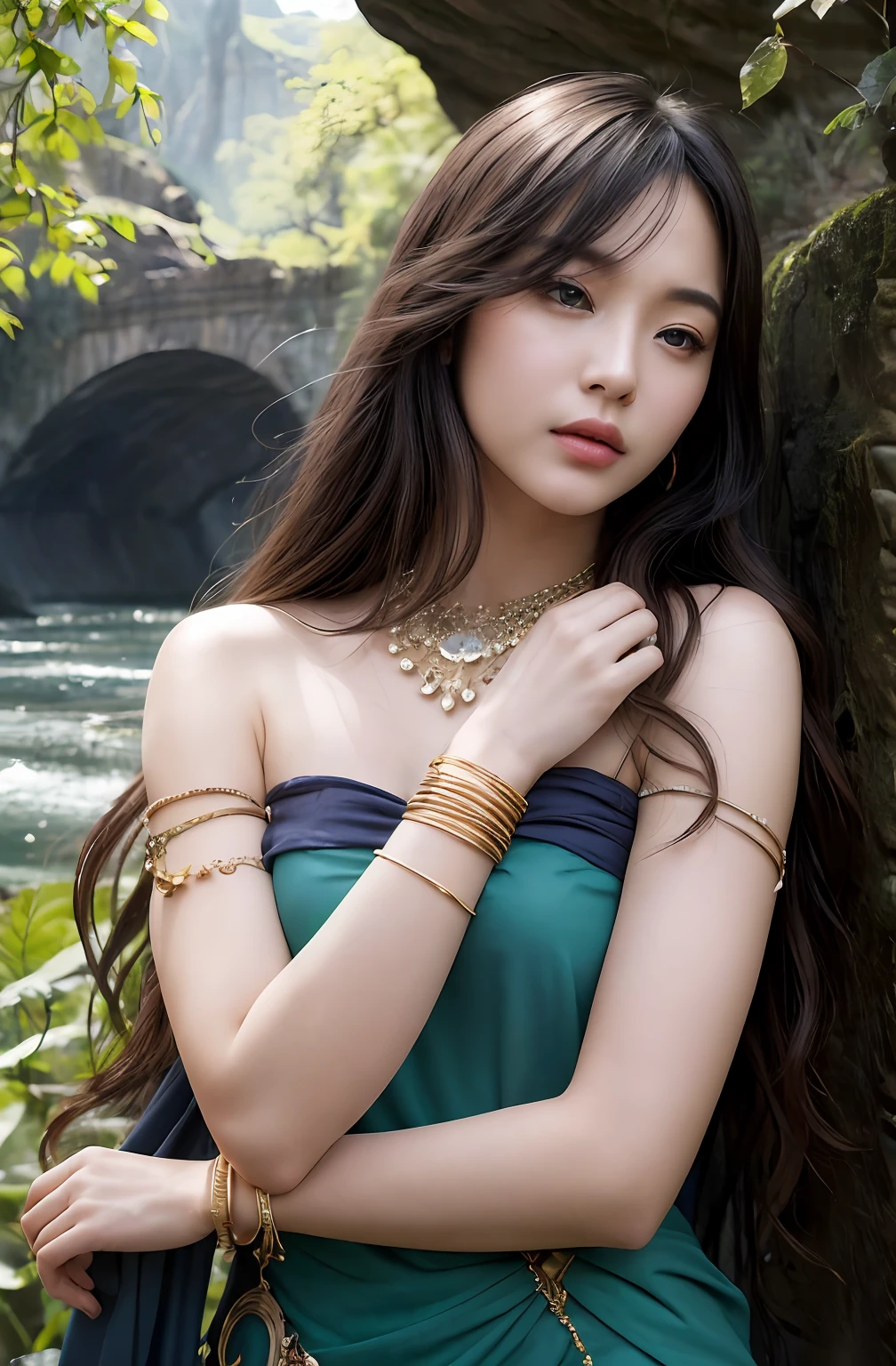 ((Realistic:1.5)),Ulzzang-6500:0.7,((Best quality)), ((Masterpiece)),((Detailed)),2girls,duo,{2 beautiful women}, (Upper body:1.3),Hug and touch each other, Tease your friend's waist, Breathless friends, Biting a friend's earlobe, crouched,super wide shot,Face focus, Long legs,Curvy, Barefoot,Wide hips, Thin legs, Oversized eyes,Long eyelashes, (Detailed face,beautidful eyes, detailedpupils,detailed clothes features, Clear background:1.3), (armlets, bangle:1.3), Mysterious ancient ruins, floresta exuberante, Deep canyon,bridge,River,cliff,Cloud,lakes,Rock music,Waterfalls, Flowers, Grass,grape trees,tree,bright detail,Sharp,Perfect compounding, Intricate, Sharp focus, Dramatic,