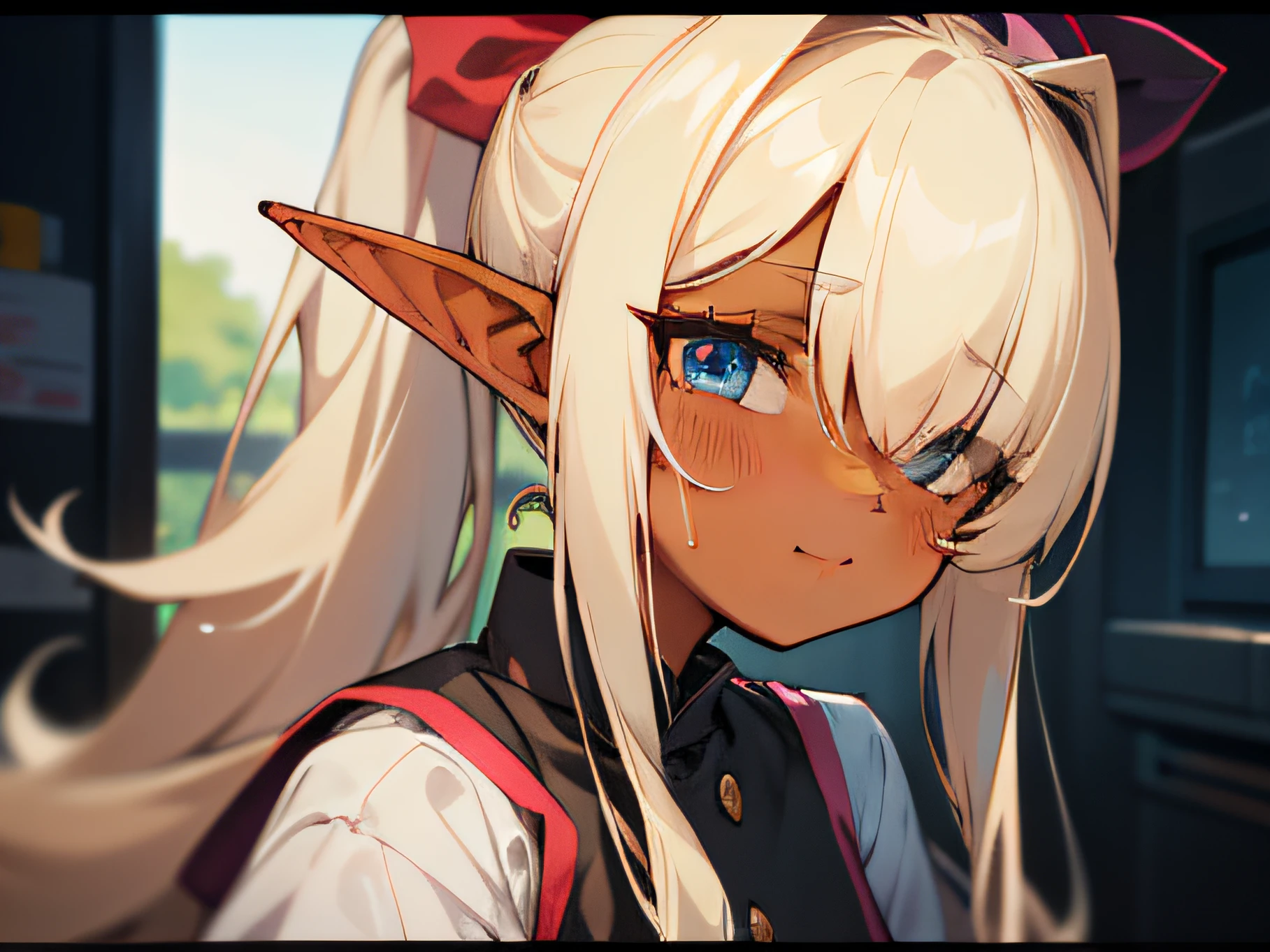 （darkskinned、skin tanned、elvish）、（（（Hair over one eye、asymmetrical bangs）））、petite girl in、A girl child、very long bangs、straight haired、very long transverse hair、laughing、a blond、hospitals、Nurse、blush、closing eye、anime screen cap、Futomo、Have a binder、Stockings、Big Ponytail、A detailed eye、