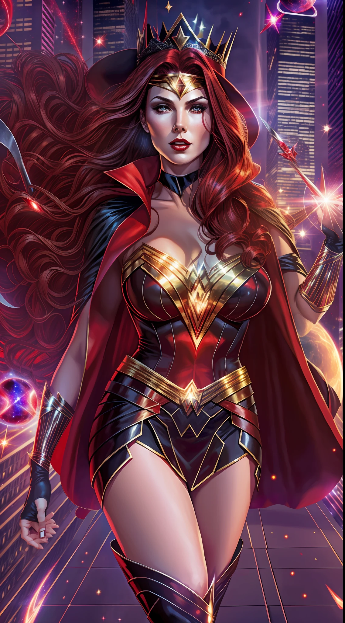 Scarlet Witch, Zatanna and Wonder Woman Triple Fusion,Full Body,Four arms , Perfect face ,Powerful Eyes,ginger Big Giant Hair, Sexy Body,Black Boots, Red and Silver Costume, black Bracelets, Flying,Magician's hat with crown on the head , Magic Hands, Perfect Body, Divine Face, Cosmic Entity, City background,