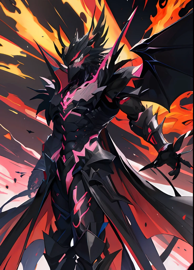 Strong humanoid creature full black body, pink details, black dragon wings, anime style, red flames around