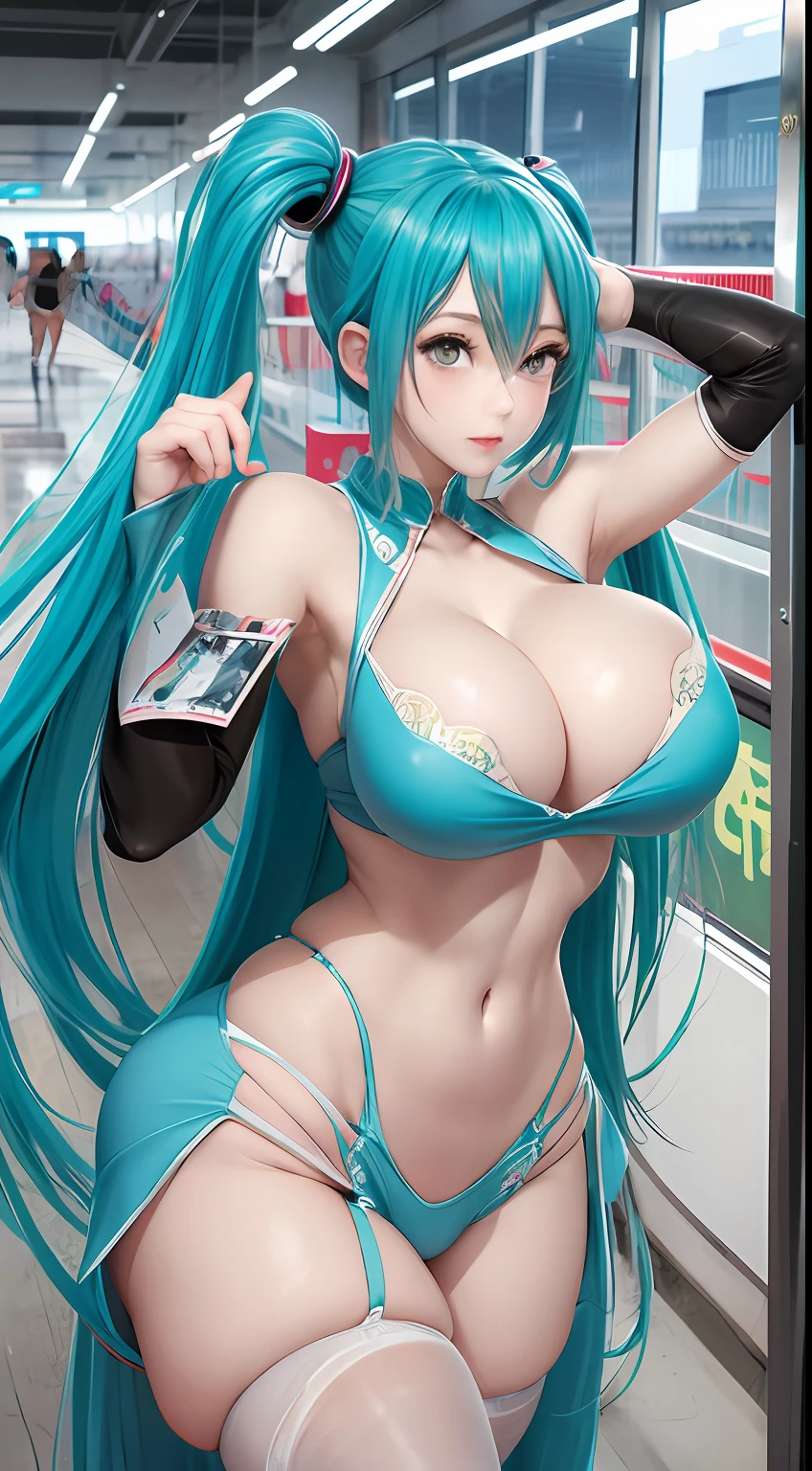 spread legs, 1girl, front, gigantic breasts, miku, hatsune miku, twin-tail, sharp focus, pixiv masterpiece, ((intricate details)), highly detailed eyes, 1girl, long hair, vanusbody ,looking at viewer 8k, uhd, unreal engine render, huge breasts, sagging breasts , juicy thick thighs, shiny skin, smooth skin, thin waist, soft muscled, racing miku, racing girl, racing stadium