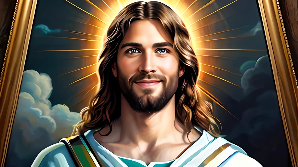 A painting of Jesus with a halo in heaven, Jesus Christ, Smiling in heaven, Portrait of Jesus Christ, Face of Jesus, Young God Almighty, Portrait of a Heavenly God, Greg Olsen, Jesus Gigachad, Jesus of Nazareth, Jesus, The face of God, God looking at me