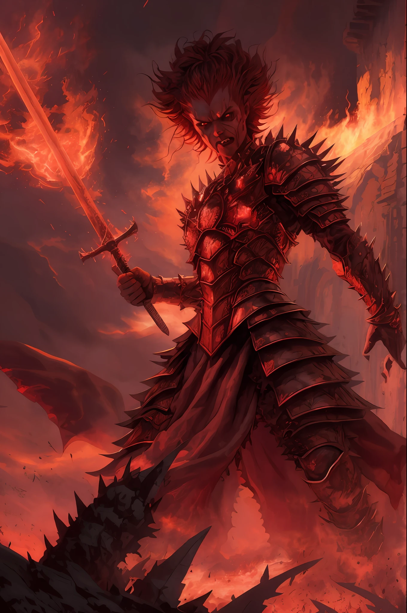 tmasterpiece, beste-Qualit, hiquality, (Demon in blood-red spiked armor, with a bloody sword in his hands, with eyes engulfed in flames, Surrounded by darkness: 1.2), (Darkness: 1.2), tongues of flame circling in the background, Behind the Demon Portal, glowing with dim light