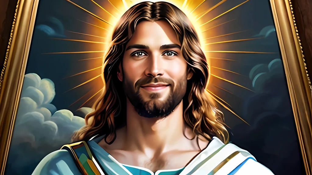A painting of Jesus with a halo in heaven, Jesus Christ, Smiling in heaven, Portrait of Jesus Christ, Face of Jesus, Young God Almighty, Portrait of a Heavenly God, Greg Olsen, Jesus Gigachad, Jesus of Nazareth, Jesus, The face of God, God looking at me