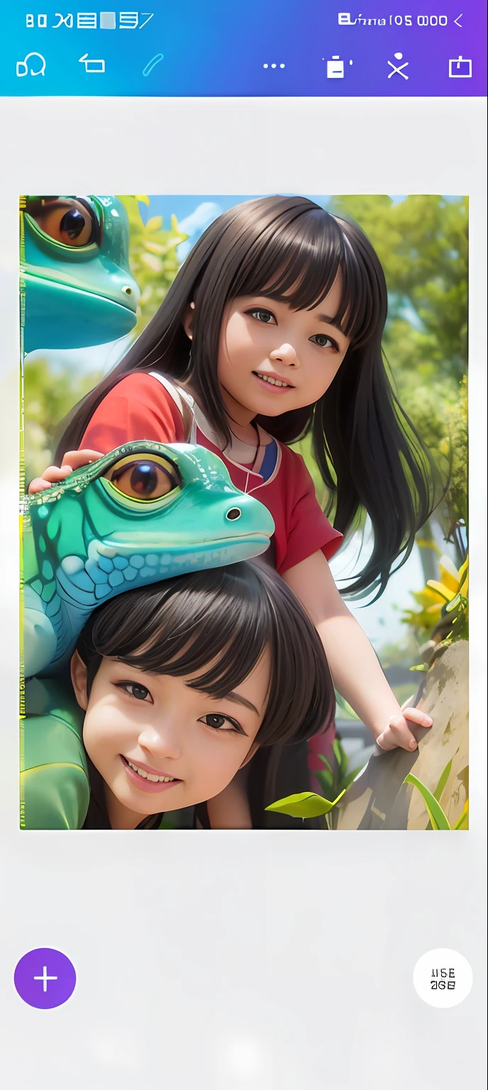 um close up de uma pessoa segurando um lagarto em um celular, Estilo anime 3D realista, painting digital adorable, ghibli studio. Artgerm, belas fotos avatar, anime fotorrealista, Directed by: Yamagata Hiro, realistic anime art style, pintura digital altamente detalhada, 3 d anime realista, feito com anime painter studio, arte de anime realista, arte de pintura digital dos desenhos animados