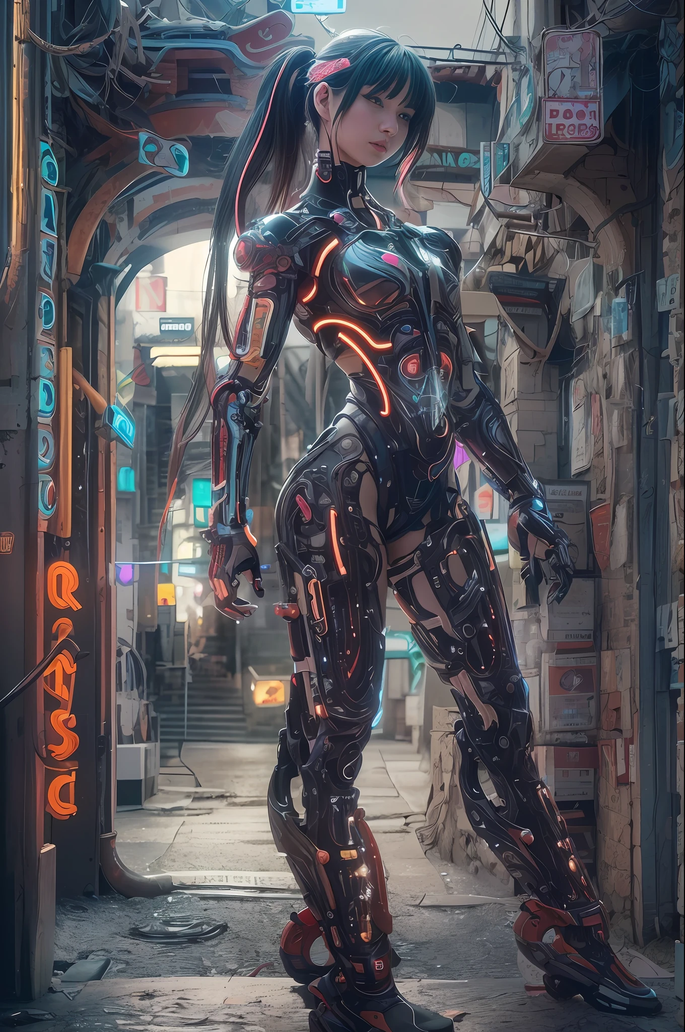 Top Quality, Masterpiece, Ultra High Resolution, ((Photorealistic: 1.4), Raw Photo, 1 cyberpunk Girl, Black Hair, Glossy Skin, 1 Mechanical Girl, (Ultra Realistic Details)), ((cinematic lighting)), Octane Rendering, 8K, Ultra Sharp, Metal, Intricate Ornament Details, Egyptian Details, Very intricate details, realistic light, CGSoation trend, facing the camera, neon details, mechanical limbs, tubes connected to the mechanical parts, mechanical vertebrae attached to the back, mechanical cervical attachment to the neck, wires and cables connecting to the head, evangelion, small glowing LED lamps, (dazzling Cyberpunk city streets in background).