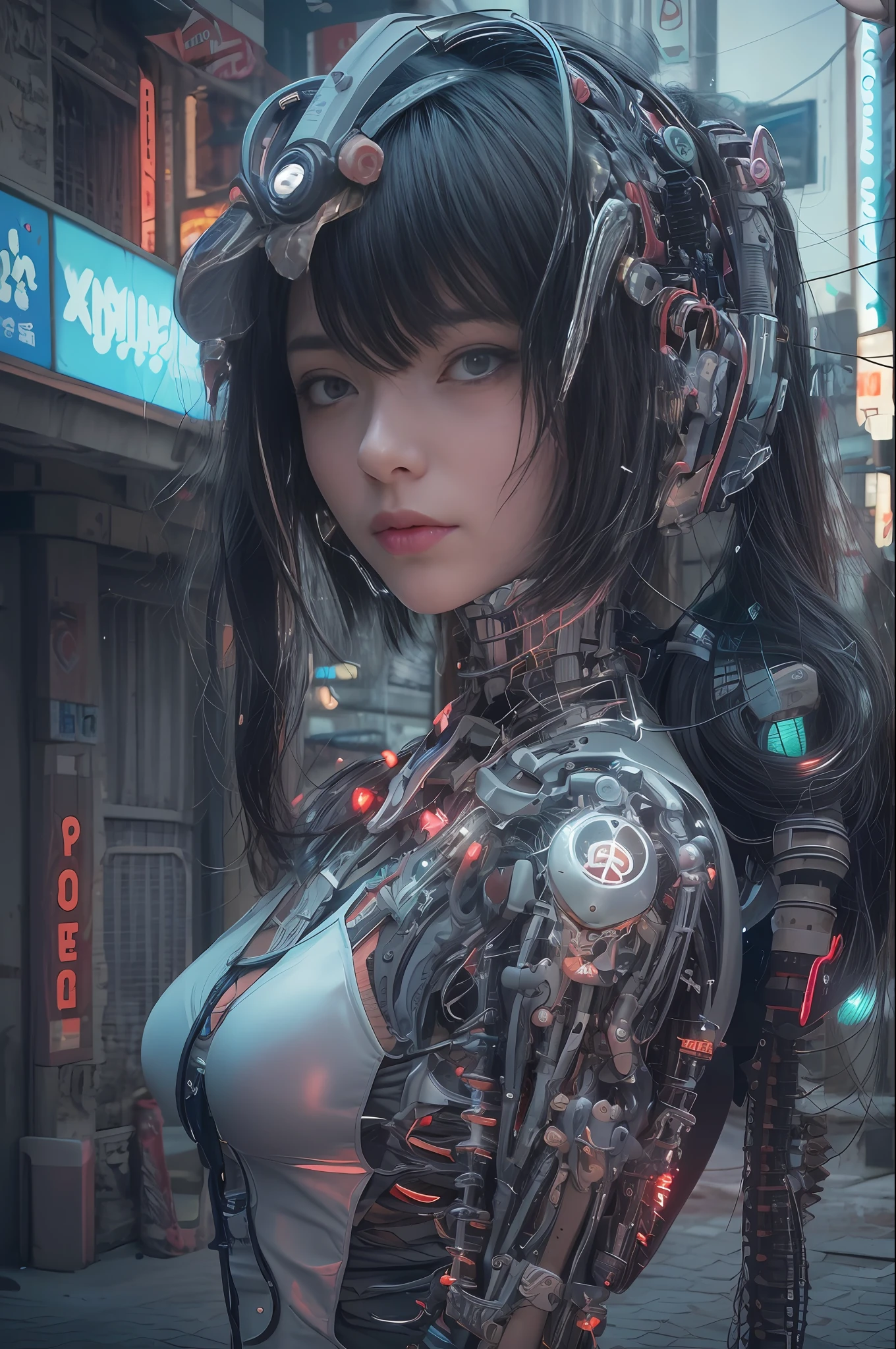 Top Quality, Masterpiece, Ultra High Resolution, ((Photorealistic: 1.4), Raw Photo, 1 cyberpunk Girl, Black Hair, Glossy Skin, 1 Mechanical Girl, (Ultra Realistic Details)), ((cinematic lighting)), Octane Rendering, 8K, Ultra Sharp, Metal, Intricate Ornament Details, Egyptian Details, Very intricate details, realistic light, CGSoation trend, facing the camera, neon details, mechanical limbs, tubes connected to the mechanical parts, mechanical vertebrae attached to the back, mechanical cervical attachment to the neck, wires and cables connecting to the head, evangelion, small glowing LED lamps, (dazzling Cyberpunk city streets in background).