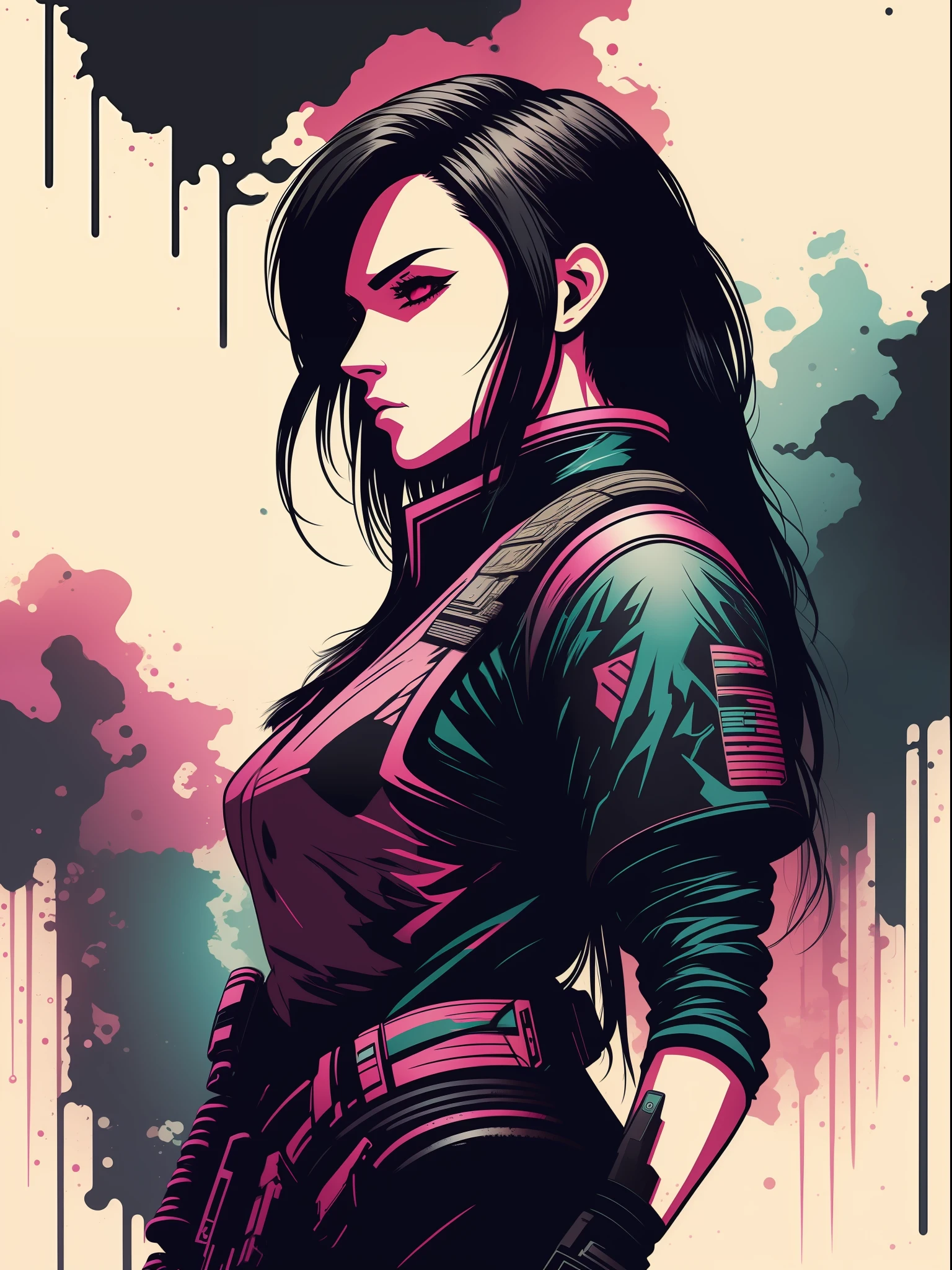 woman soldier, 2D t-shirt art, Cyberpunk, epic illustration, vector, 2d illustration, black background, very colorful, full gradient modern colors, Focused, front view