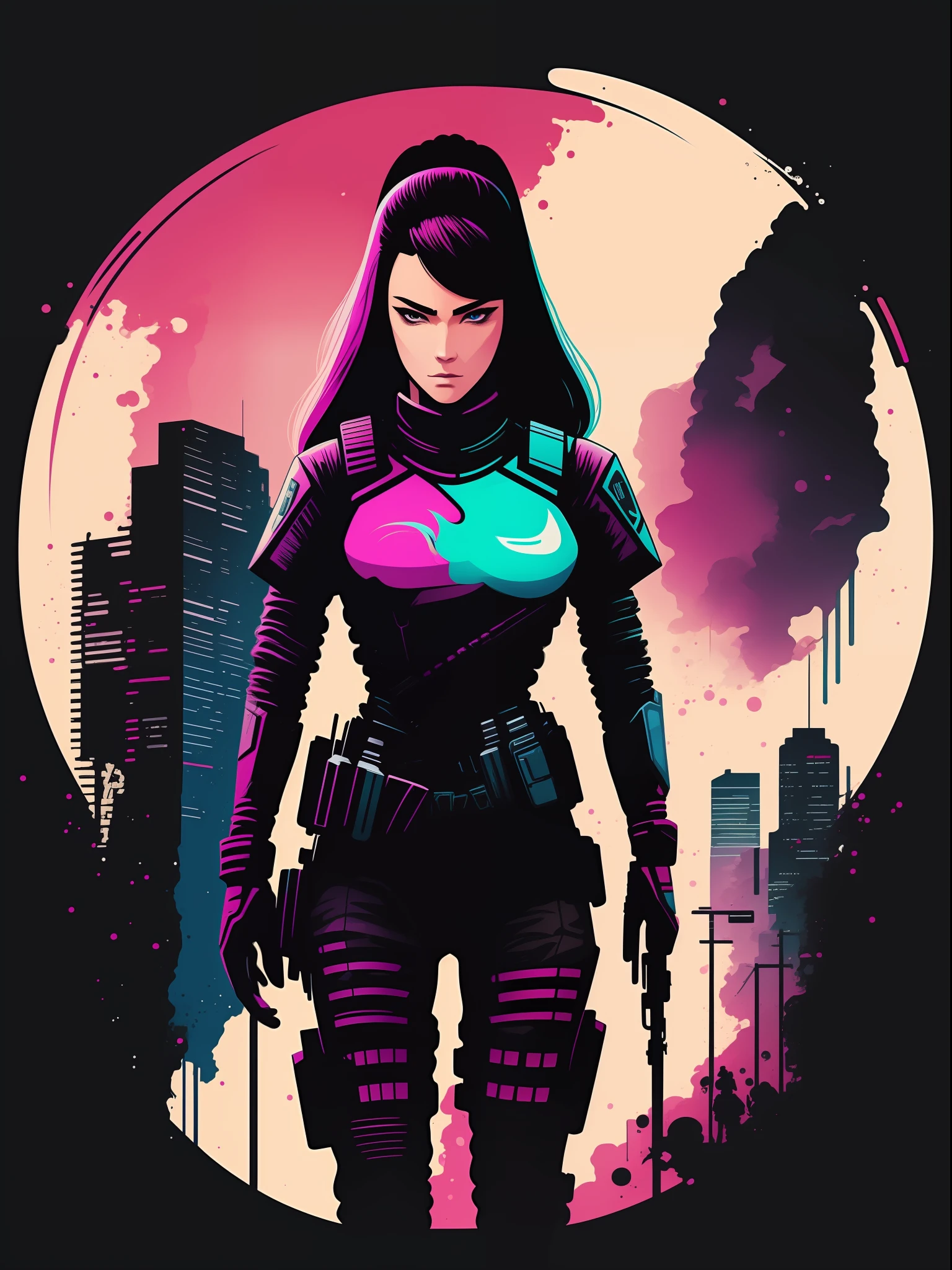 woman soldier, 2D t-shirt art, Cyberpunk, epic illustration, vector, 2d illustration, black background, very colorful, full gradient modern colors, Focused, front view