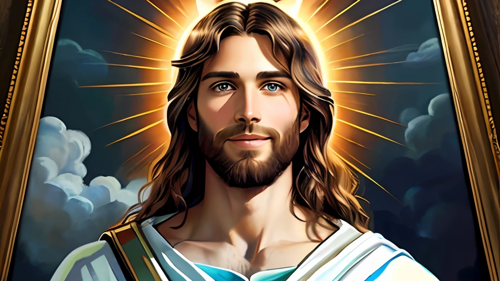 A painting of Jesus with a halo in heaven, Jesus Christ, Smiling in heaven, Portrait of Jesus Christ, Face of Jesus, Young God Almighty, Portrait of a Heavenly God, Greg Olsen, Jesus Gigachad, Jesus of Nazareth, Jesus, The face of God, God looking at me